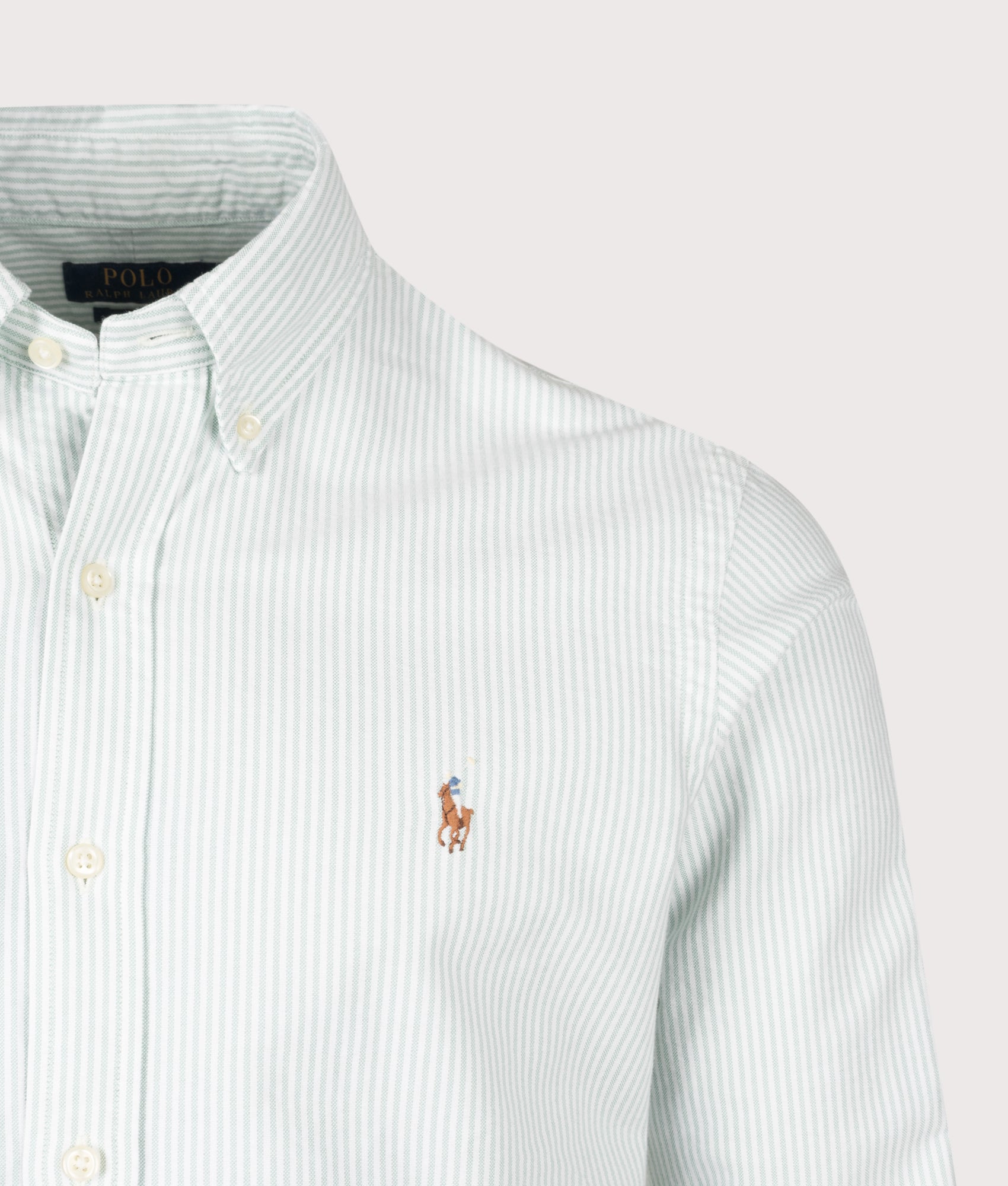 Polo Ralph Lauren Custom Fit Striped Oxford Shirt in Faded Mint and White stripe at EQVVS Menswear. Detail shot.