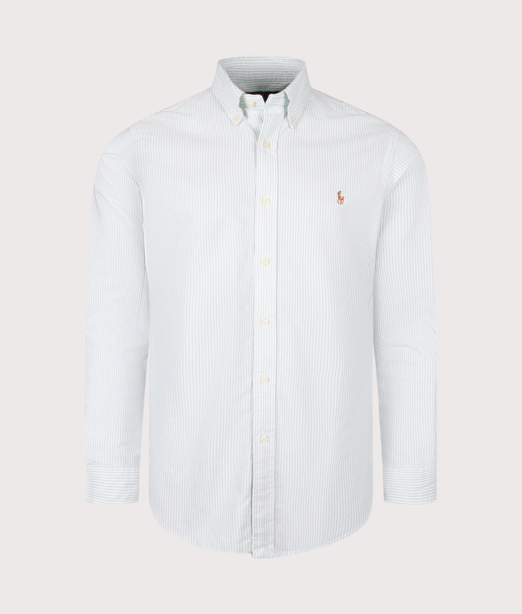 Polo Ralph Lauren Custom Fit Striped Oxford Shirt in Faded Mint and White stripe at EQVVS Menswear. Front shot.