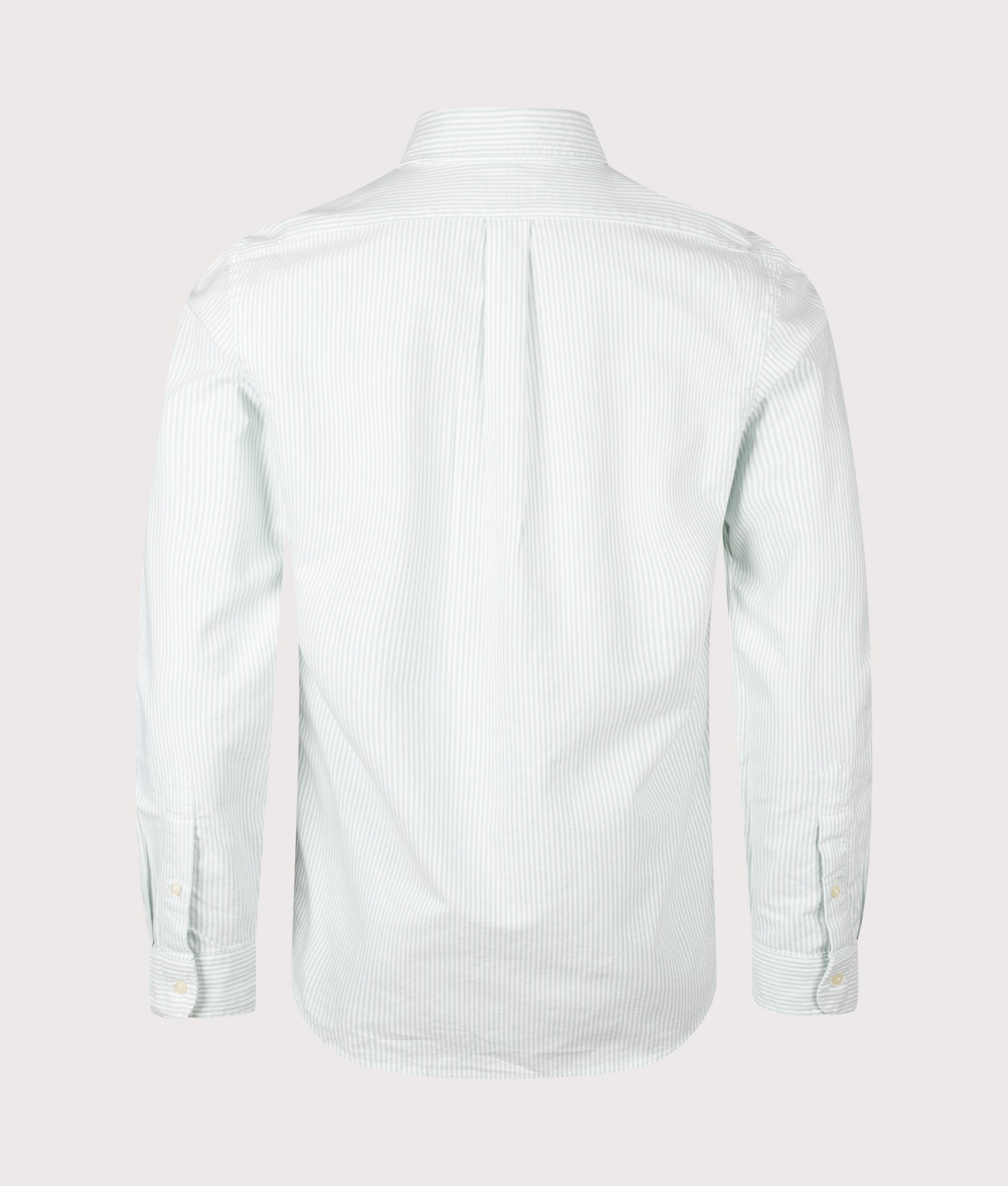 Polo Ralph Lauren Custom Fit Striped Oxford Shirt in Faded Mint and White stripe at EQVVS Menswear. Back shot.