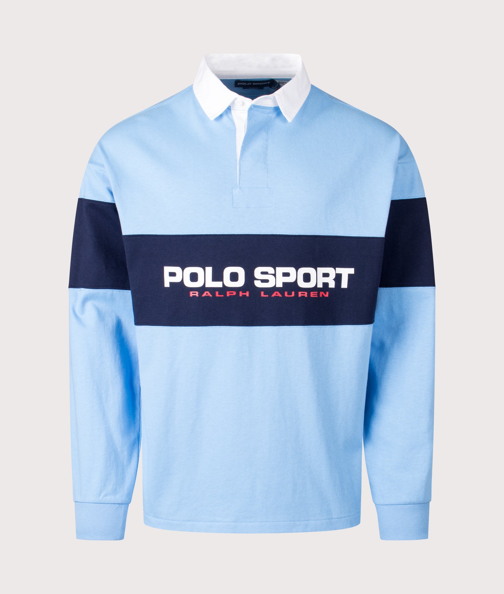 Polo Ralph Lauren Relaxed Fit Polo Sport Rugby Shirt in Chatham Blue and Cruise Navy at EQVVS Menswear. Front shot.