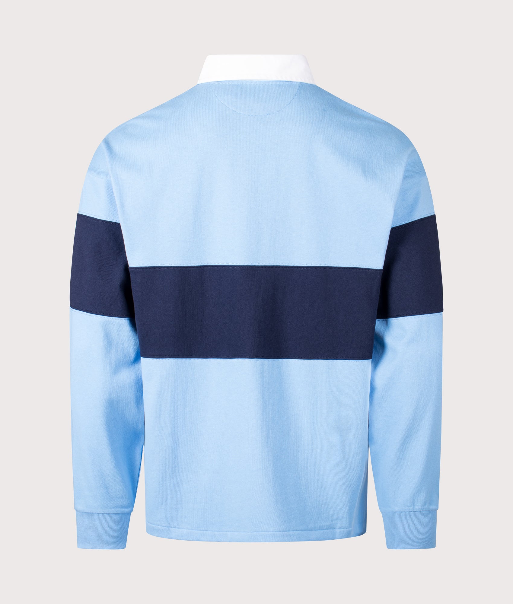 Polo Ralph Lauren Relaxed Fit Polo Sport Rugby Shirt in Chatham Blue and Cruise Navy at EQVVS Menswear. Back shot.