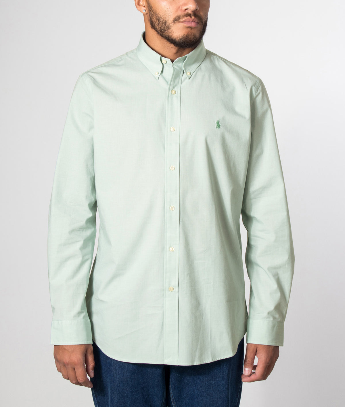 Polo Ralph Lauren Custom Fit Stretch Poplin Shirt in Essex Green White at EQVVS Menswear. Model front shot.
