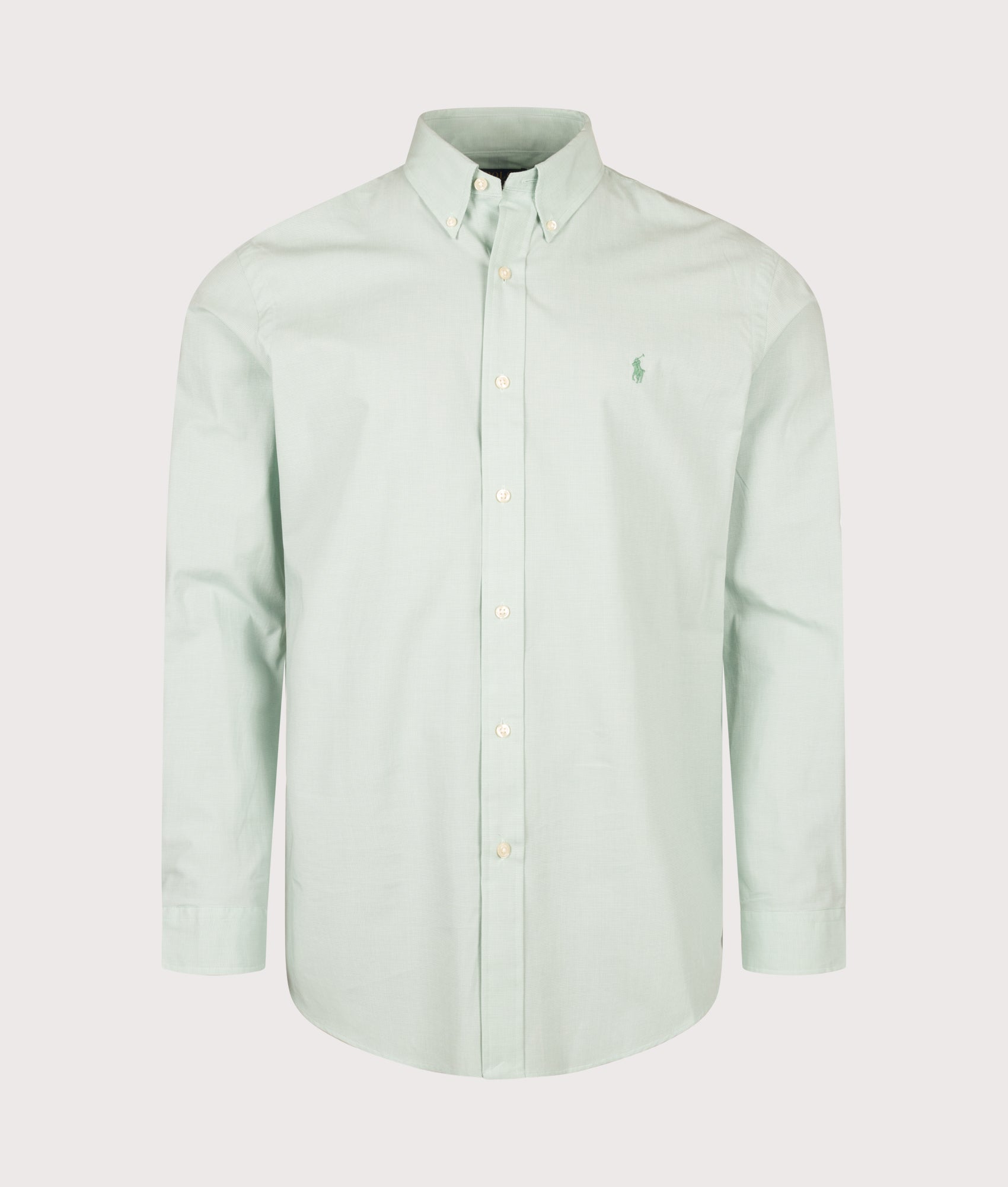 Polo Ralph Lauren Custom Fit Stretch Poplin Shirt in Essex Green White at EQVVS Menswear. Front shot.