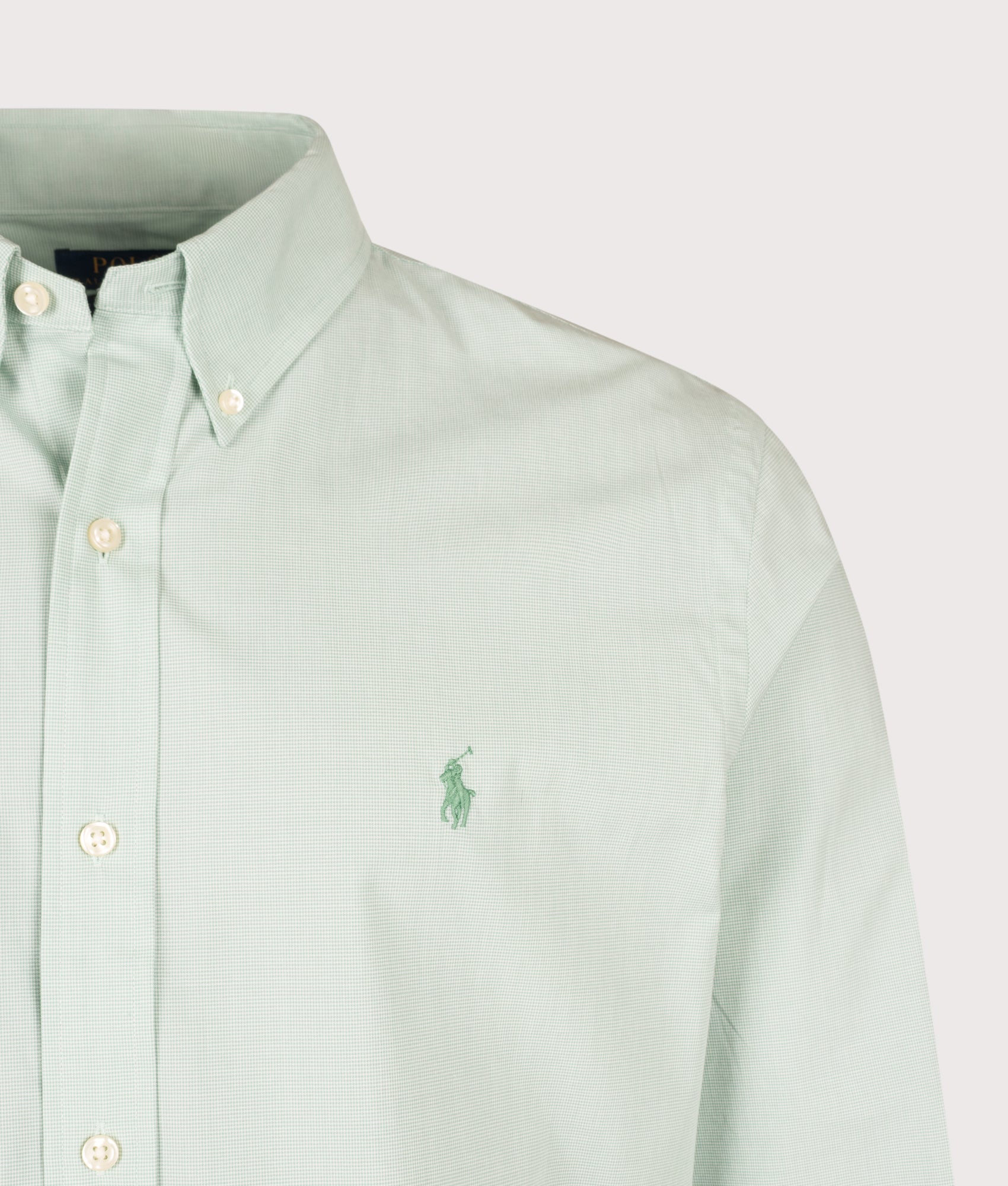 Polo Ralph Lauren Custom Fit Stretch Poplin Shirt in Essex Green White at EQVVS Menswear. Detail shot.