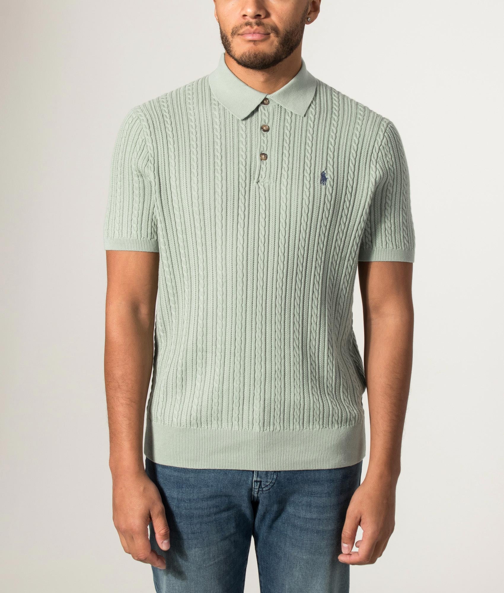 Polo Ralph Lauren Cable Knit Polo Shirt in Light Green at EQVVS Menswear. Model front shot.
