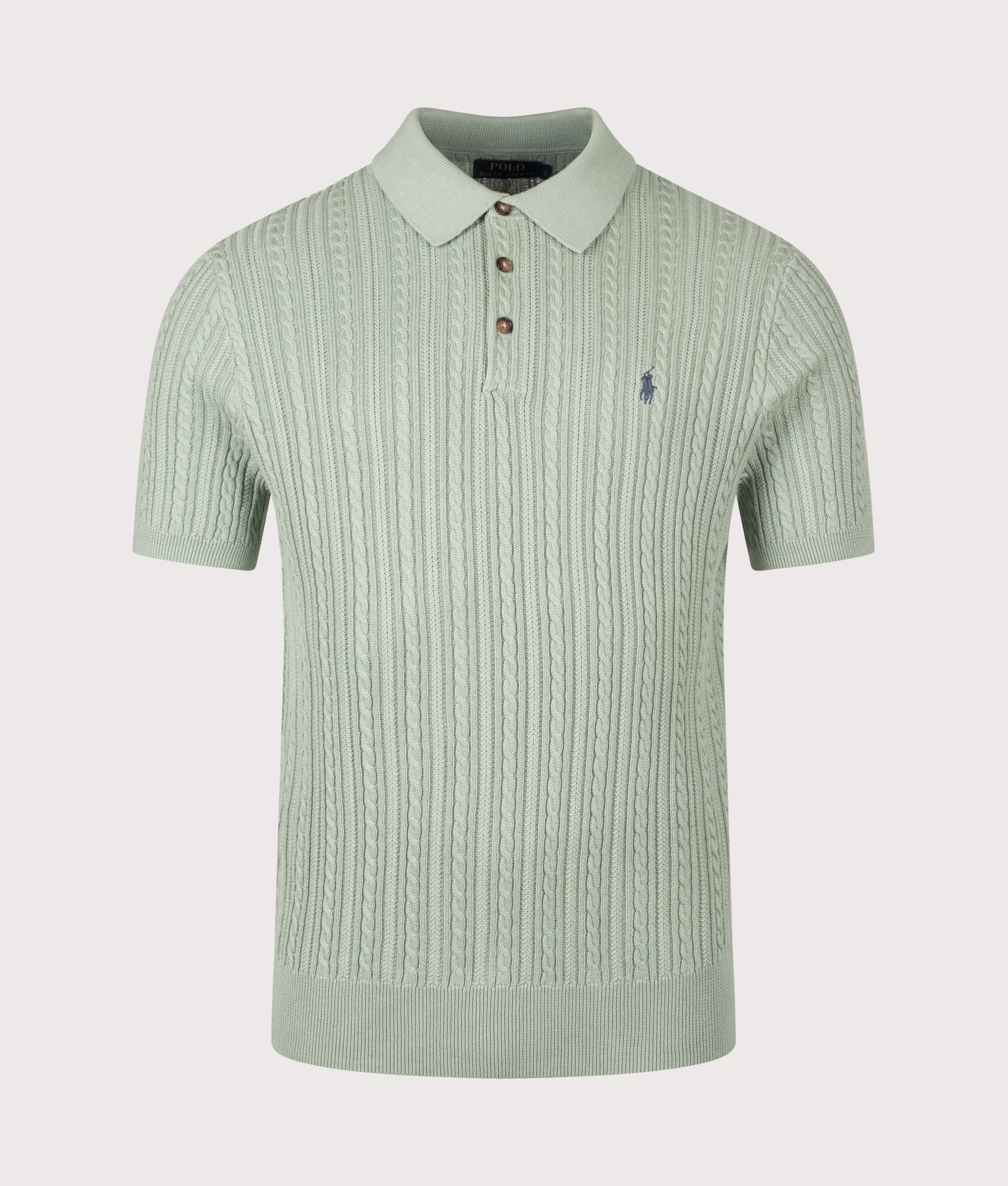 Polo Ralph Lauren Cable Knit Polo Shirt in Light Green at EQVVS Menswear. Front shot.