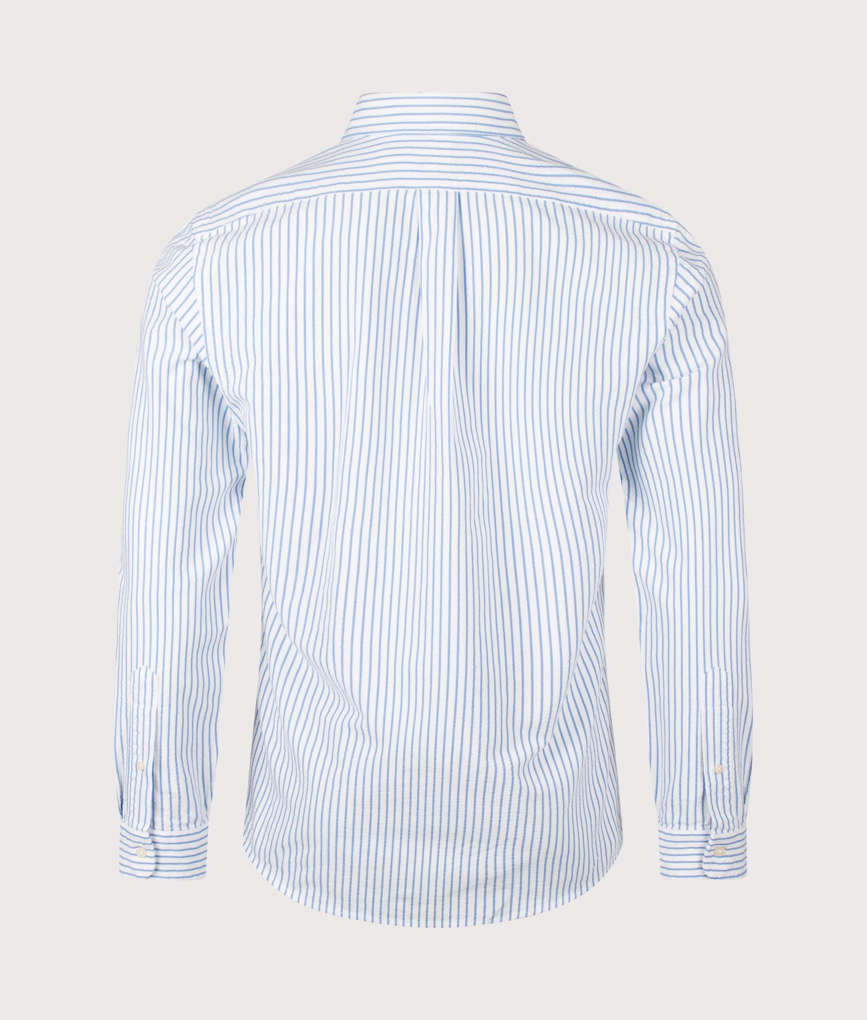 Polo Ralph Lauren Custom Fit Seersucker Oxford Shirt in White and BSR Blue stripe at EQVVS Menswear. Back shot.