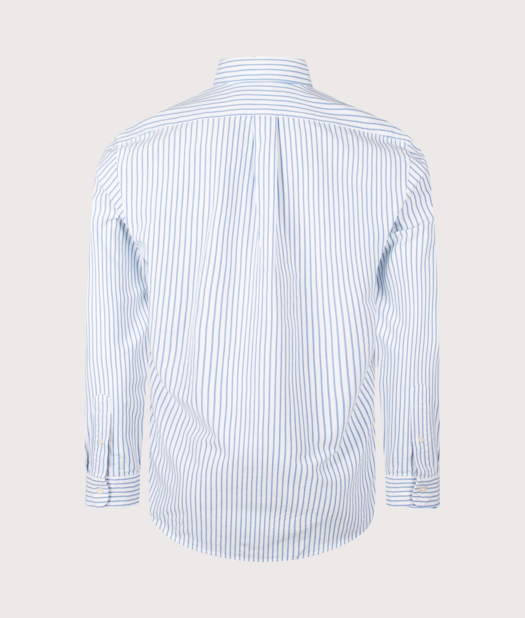 Polo Ralph Lauren Custom Fit Seersucker Oxford Shirt in White and BSR Blue stripe at EQVVS Menswear. Back shot.