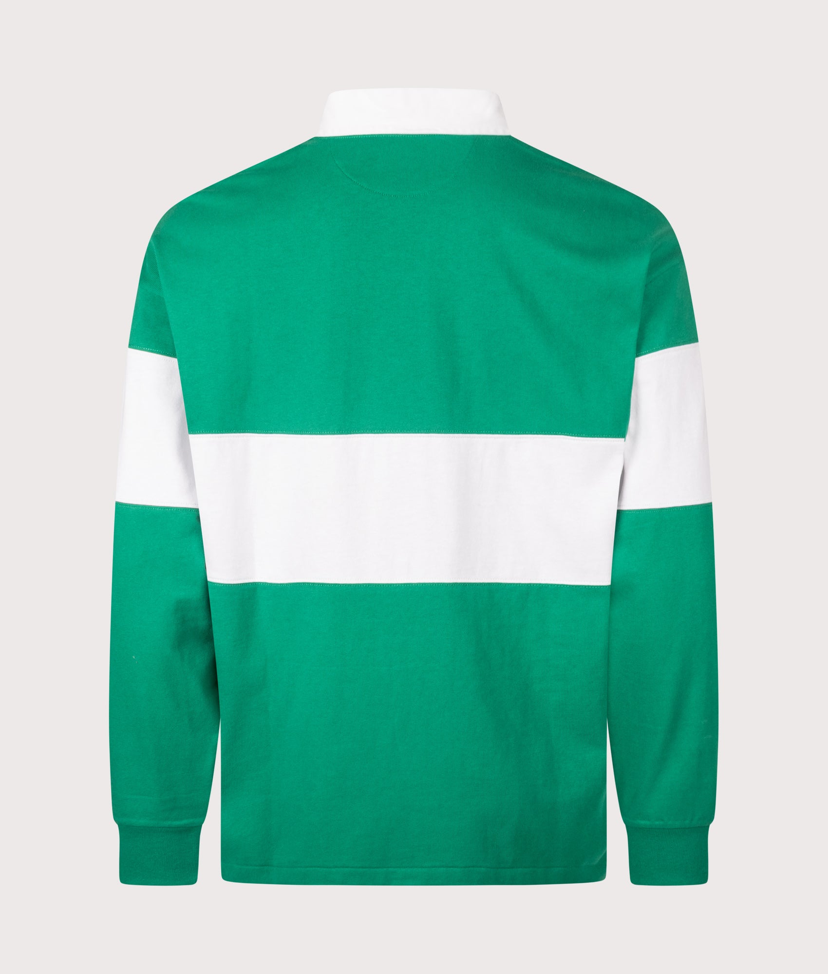 Polo Ralph Lauren Relaxed Fit Polo Sport Rugby Shirt in Erin Green and White at EQVVS Menswear. Back shot.