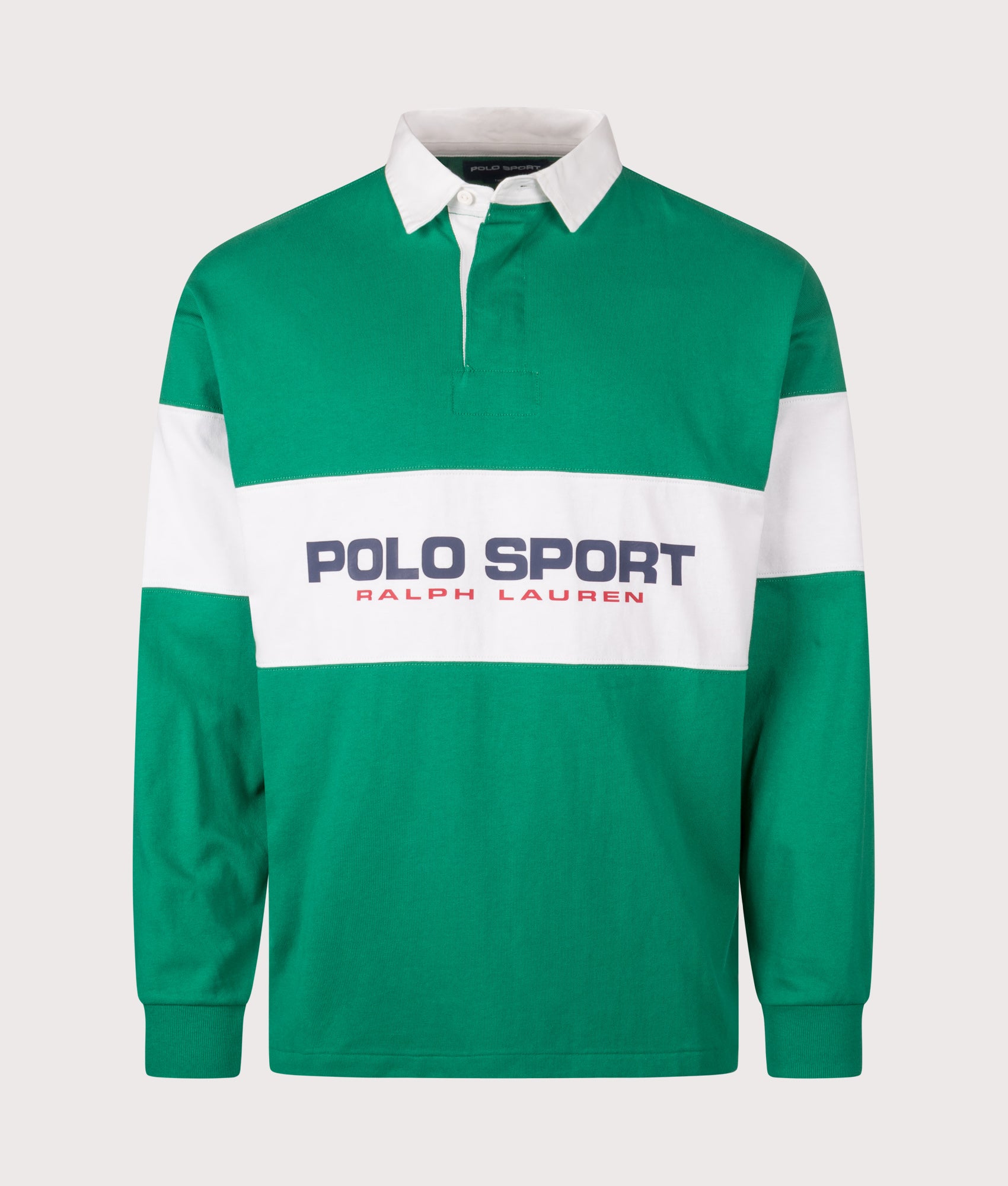 Polo Ralph Lauren Relaxed Fit Polo Sport Rugby Shirt in Erin Green and White at EQVVS Menswear. Front shot.