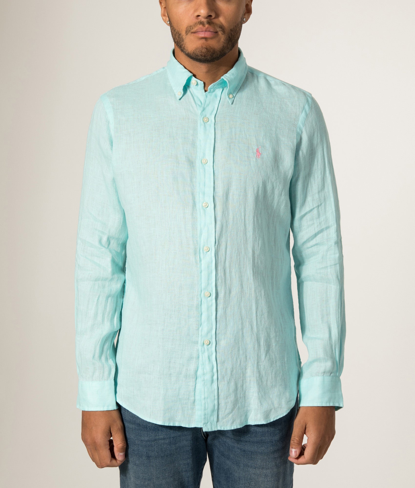 Polo Ralph Lauren Custom Fit Linen Shirt in New Aqua at EQVVS Menswear. Model front shot.