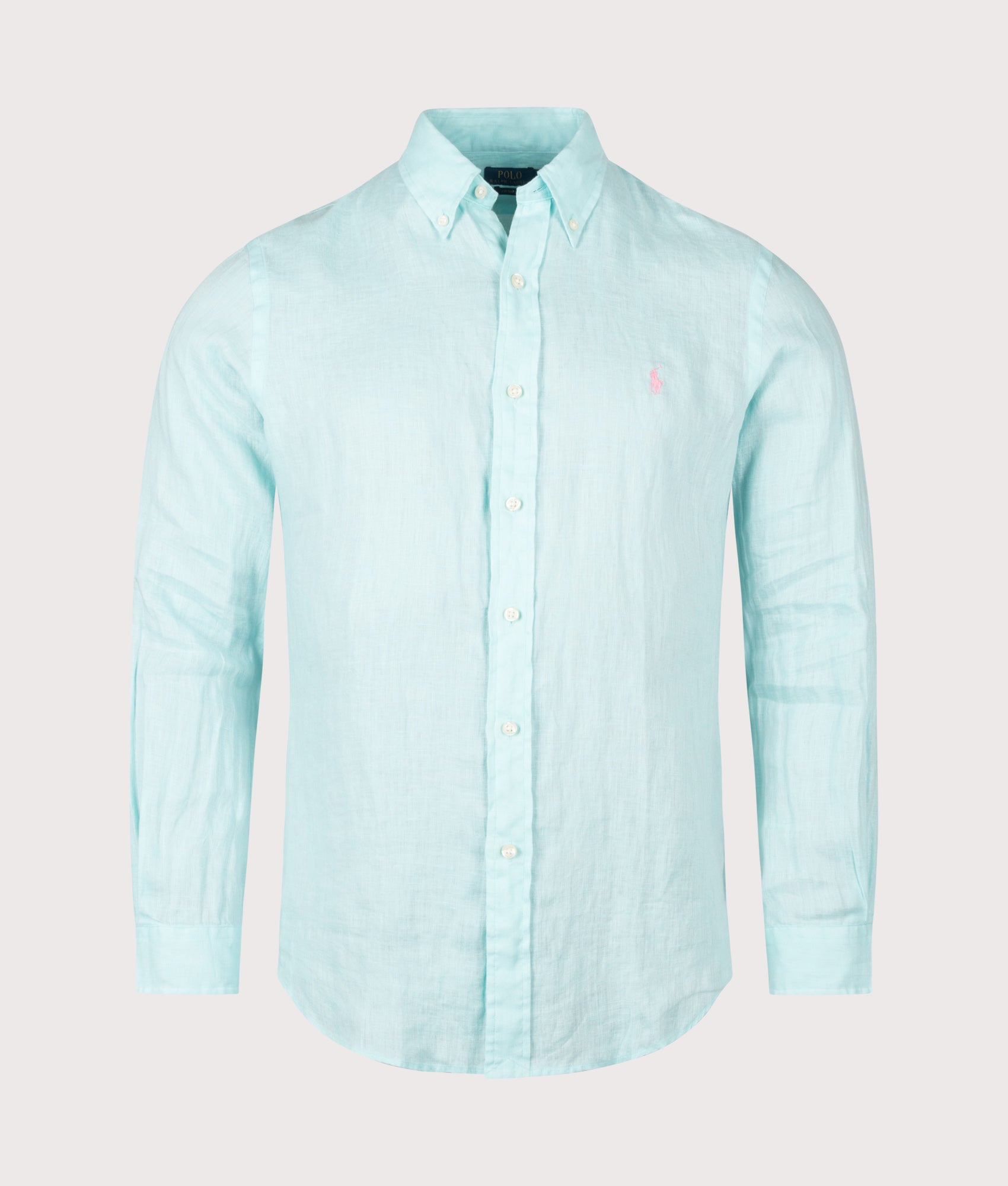 Polo Ralph Lauren Custom Fit Linen Shirt in New Aqua at EQVVS Menswear. Front shot.