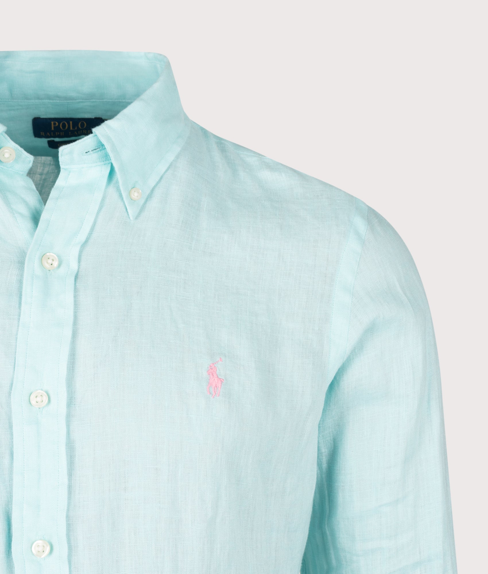 Polo Ralph Lauren Custom Fit Linen Shirt in New Aqua at EQVVS Menswear. Detail shot.