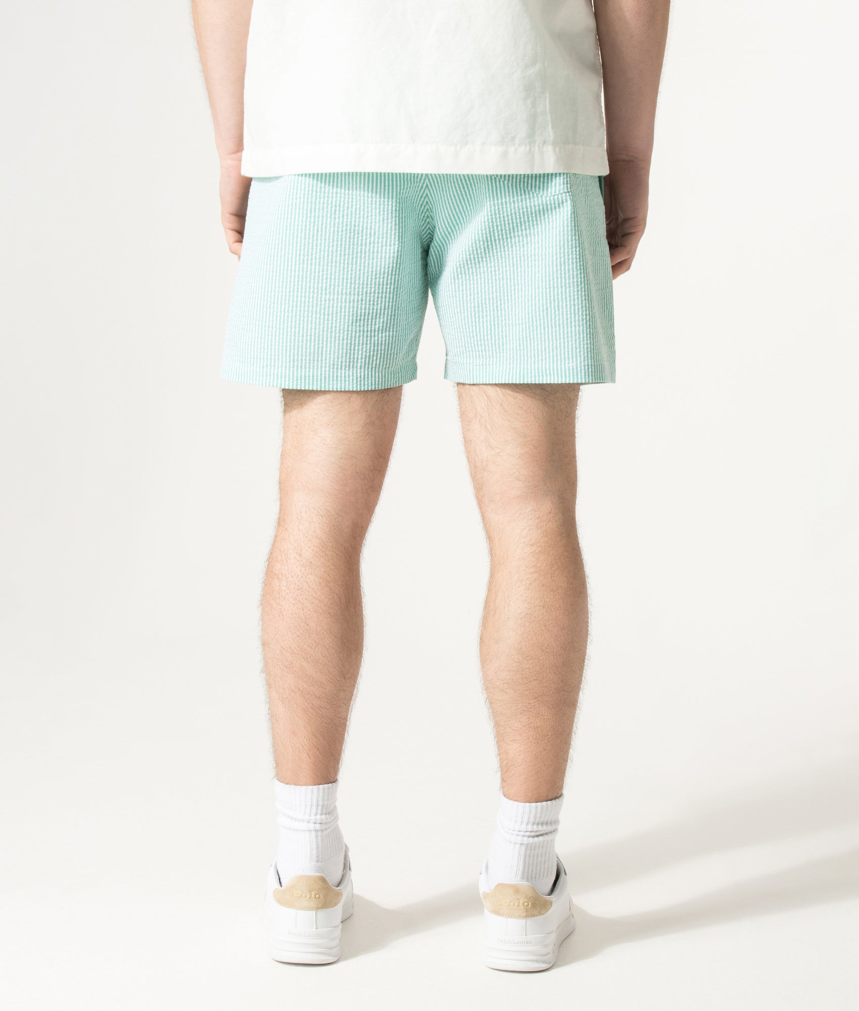 Polo Ralph Lauren 5.75 Inch Traveler Classic Swim Trunks in Key West Green Stripe at EQVVS Menswear. Model back shot.