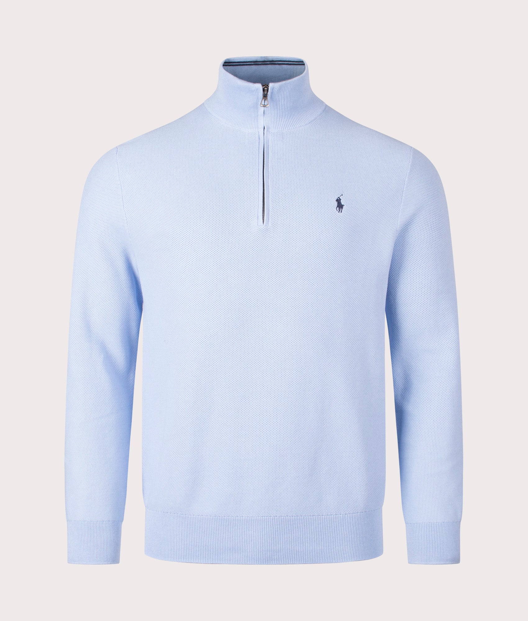 Quarter Zip Contrast Logo Knit in Office Blue | 100% Cotton | Polo Ralph Lauren | EQVVS | Front shot 