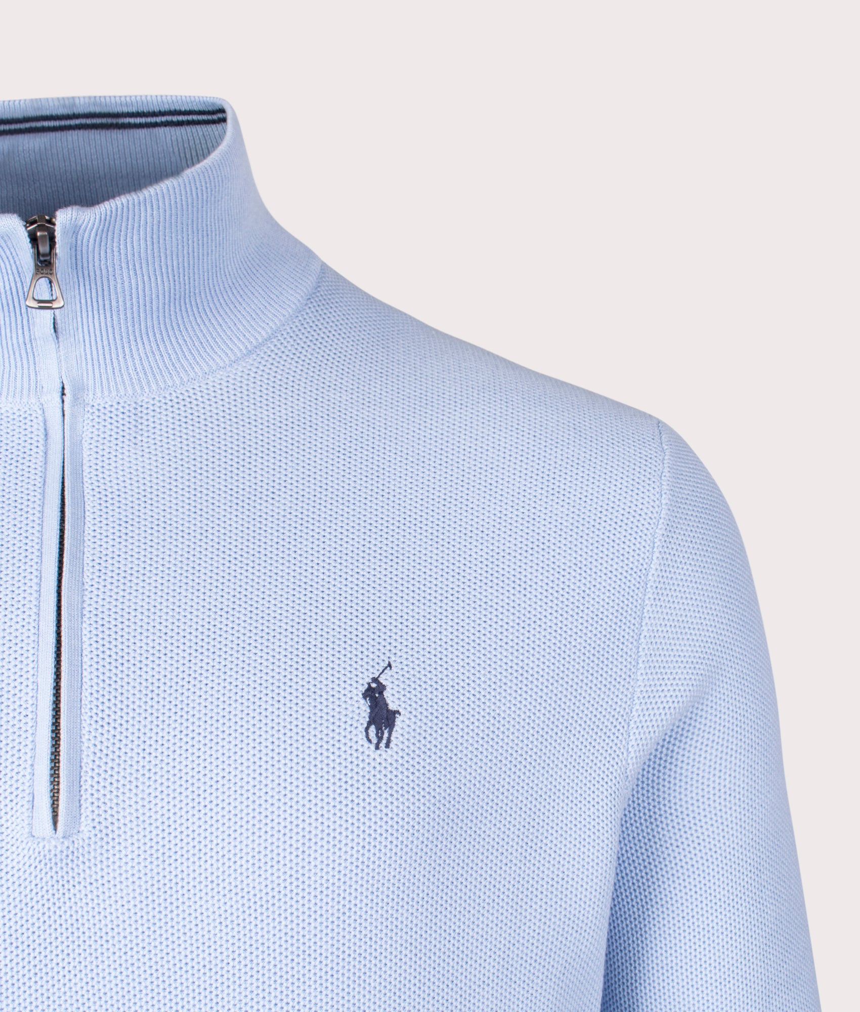 Quarter Zip Contrast Logo Knit in Office Blue | 100% Cotton | Polo Ralph Lauren | EQVVS | Front detail shot 