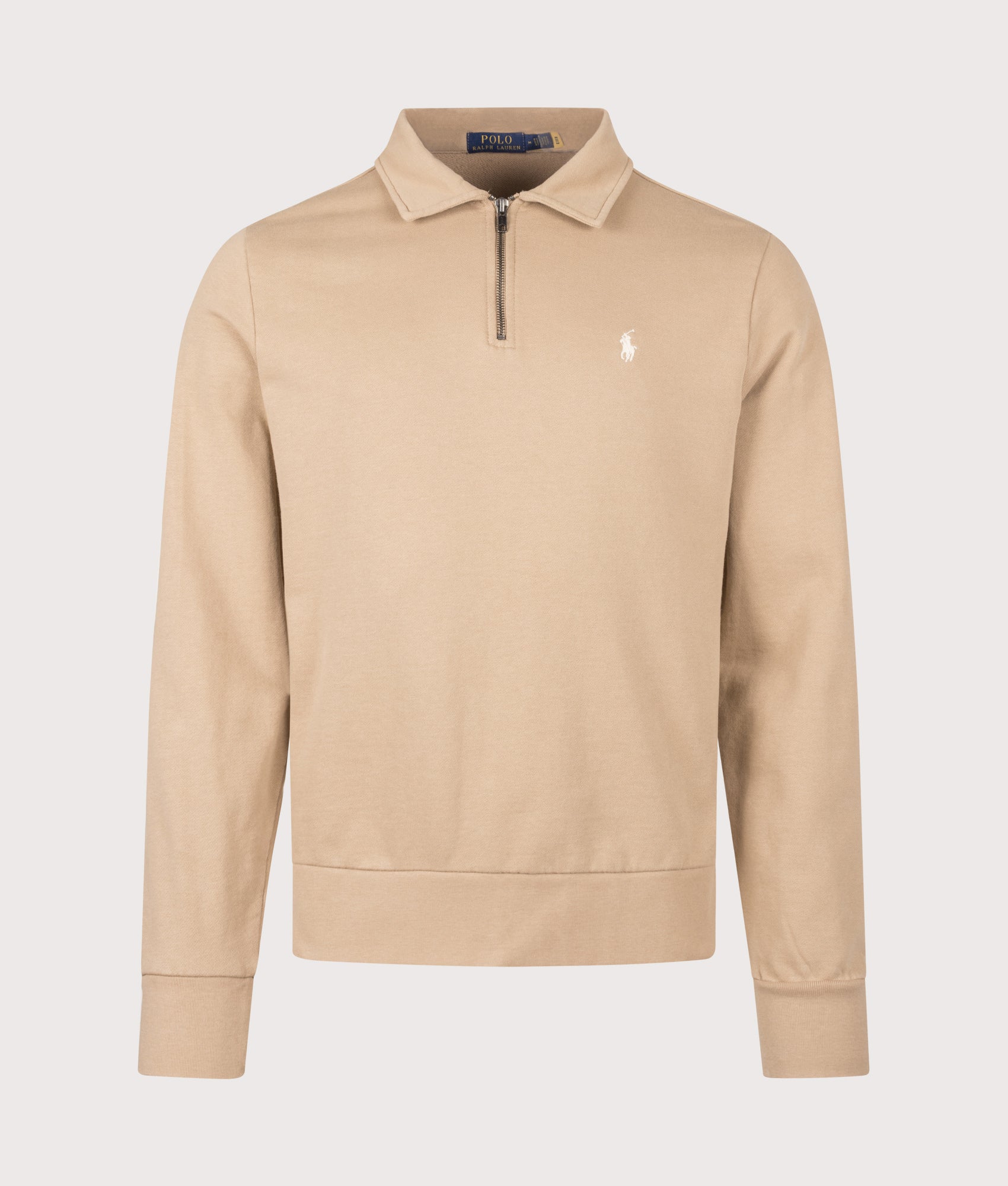 Polo Ralph Lauren Loopback Quarter Zip Sweatshirt in Vintage Khaki at EQVVS Menswear. Front shot.