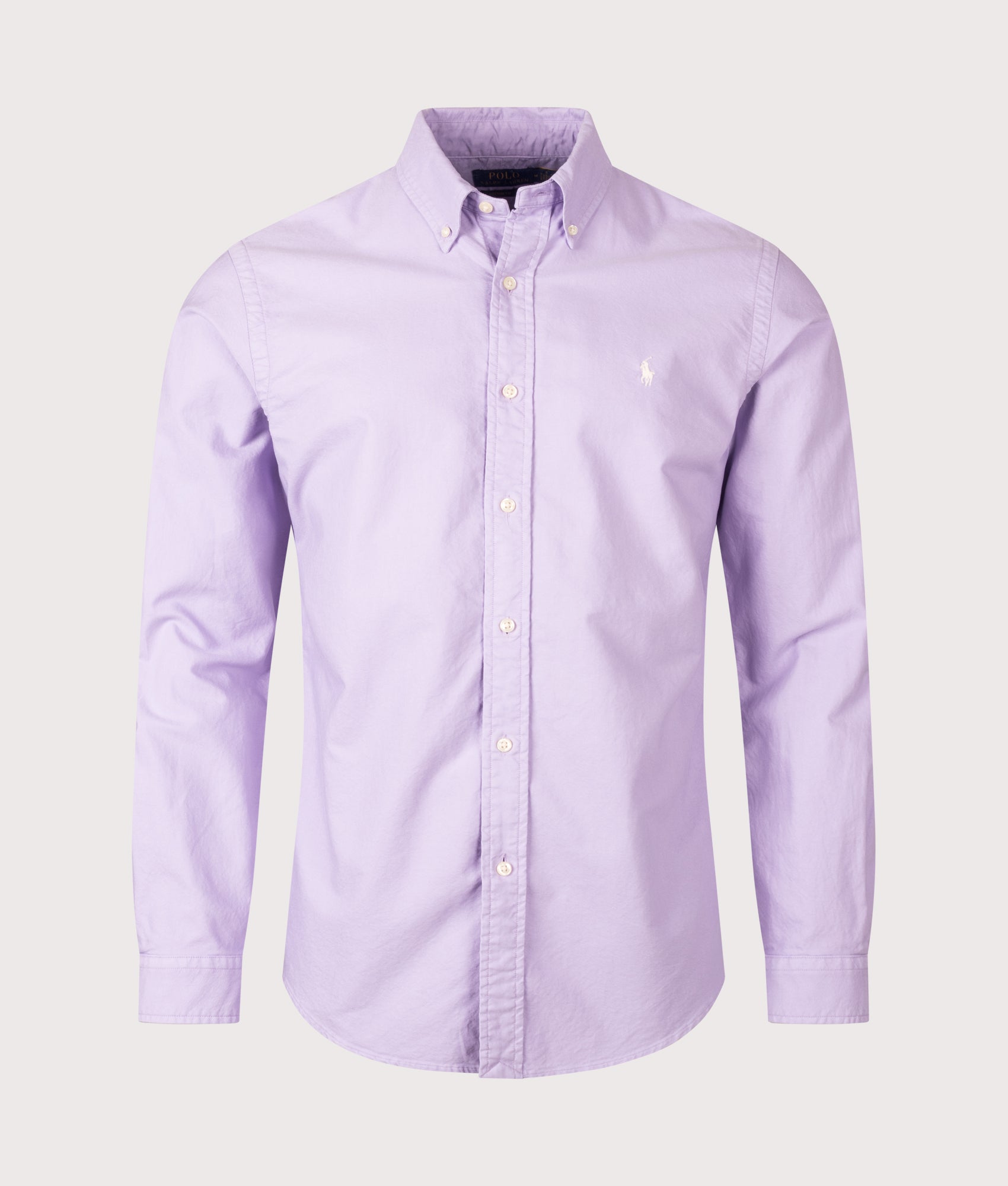 Polo Ralph Lauren Custom Fit Garment-Dyed Oxford Shirt in Powder Purple at EQVVS Menswear. Front shot.