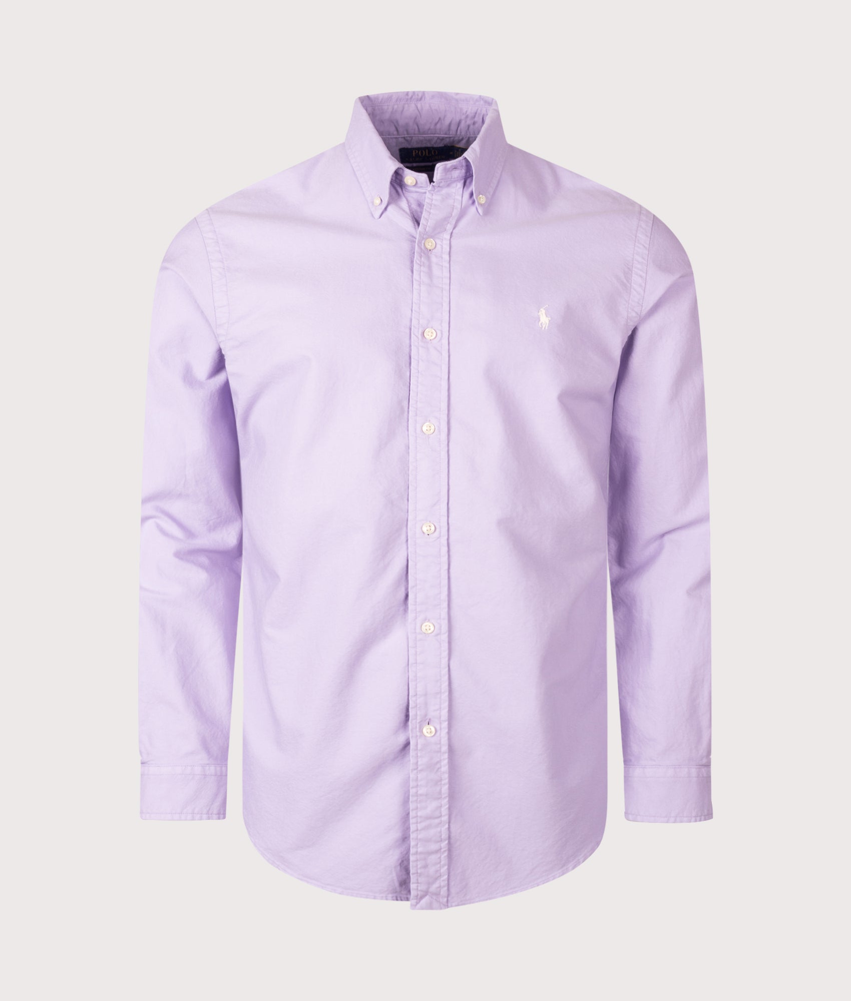 Polo Ralph Lauren Custom Fit Garment-Dyed Oxford Shirt in Powder Purple at EQVVS Menswear. Front shot.