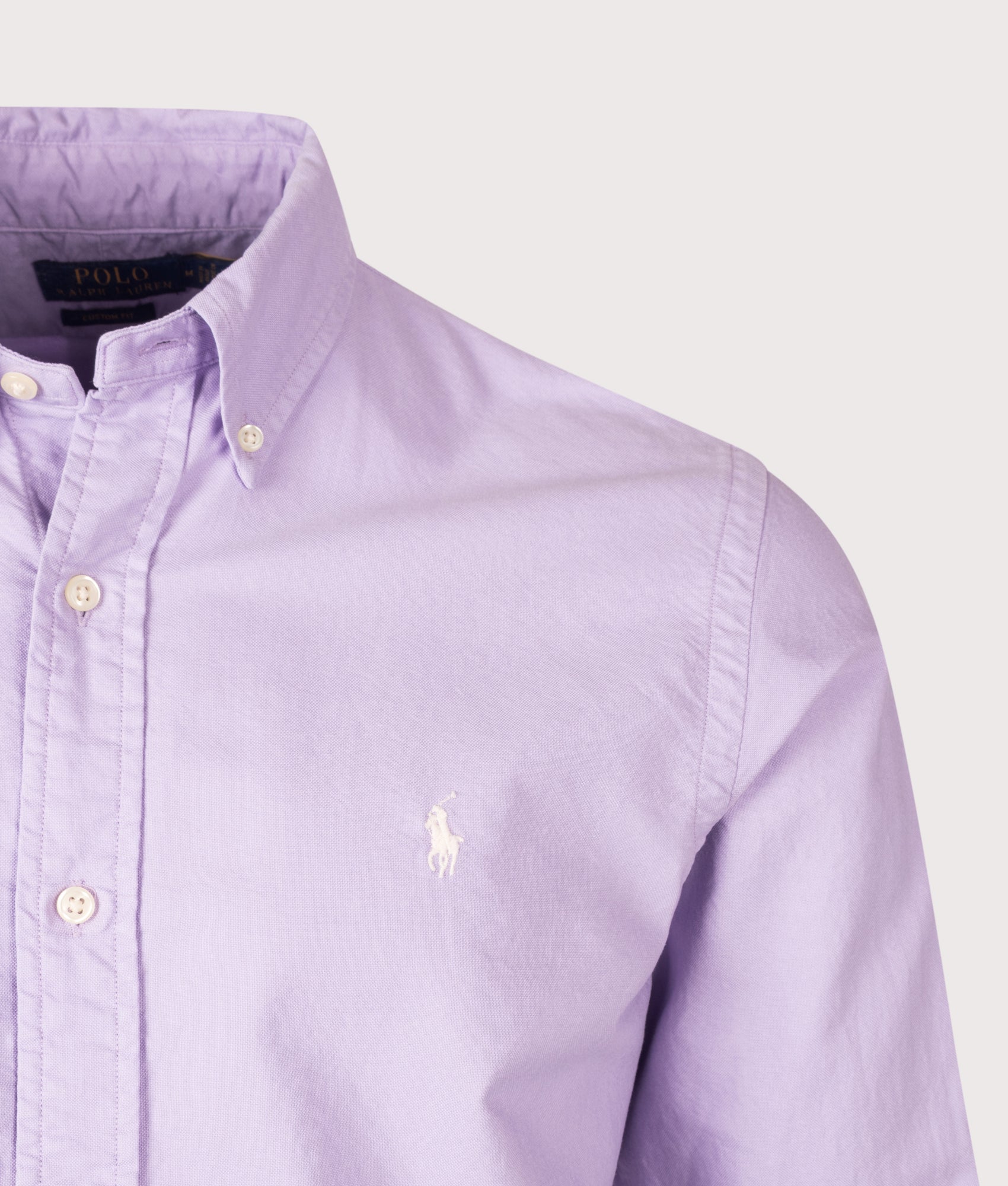 Polo Ralph Lauren Custom Fit Garment-Dyed Oxford Shirt in Powder Purple at EQVVS Menswear. Detail shot.