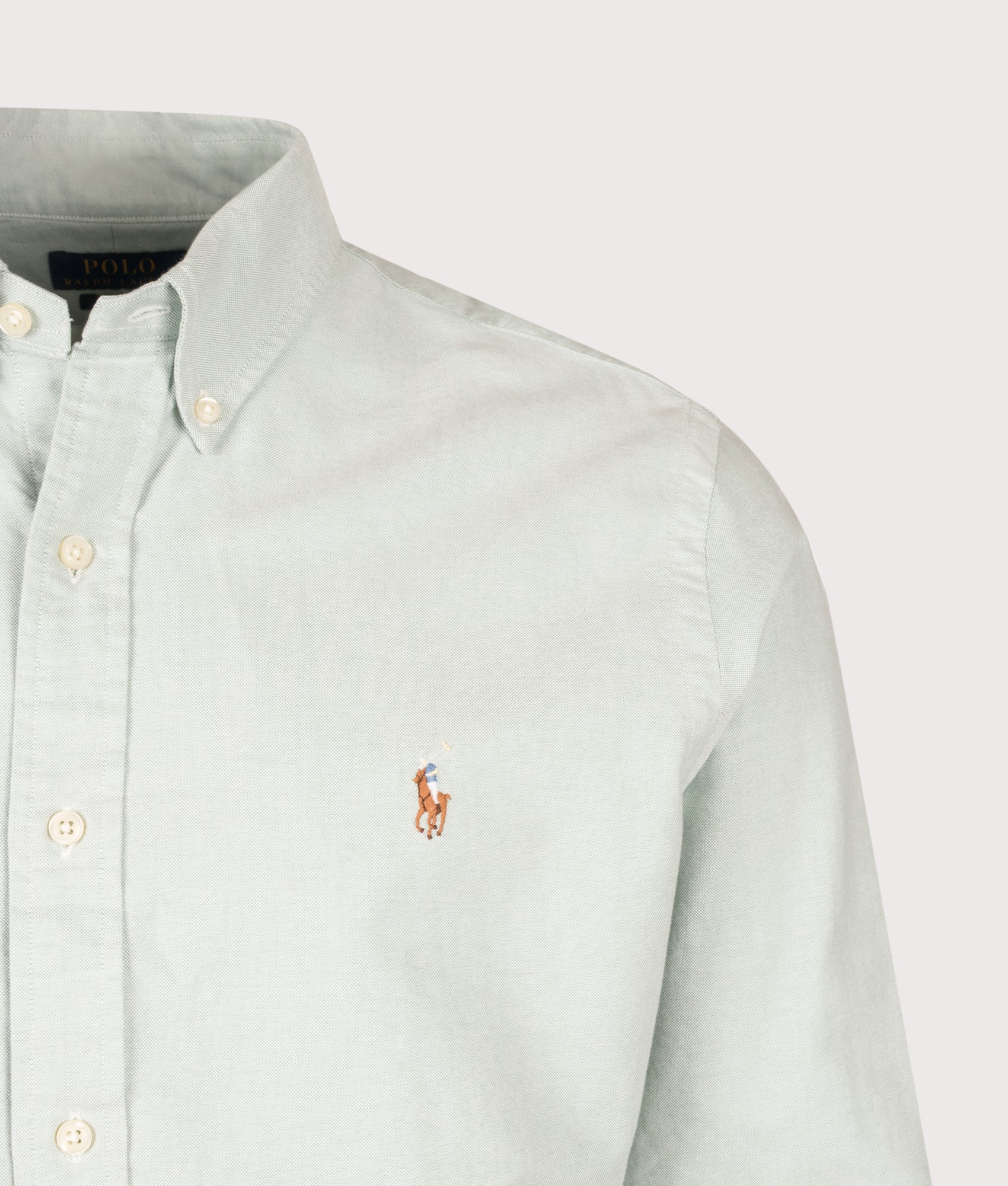 Polo Ralph Lauren look Custom Fit Iconic Oxford Shirt in Faded Mint at EQVVS Menswear. Detail shot.