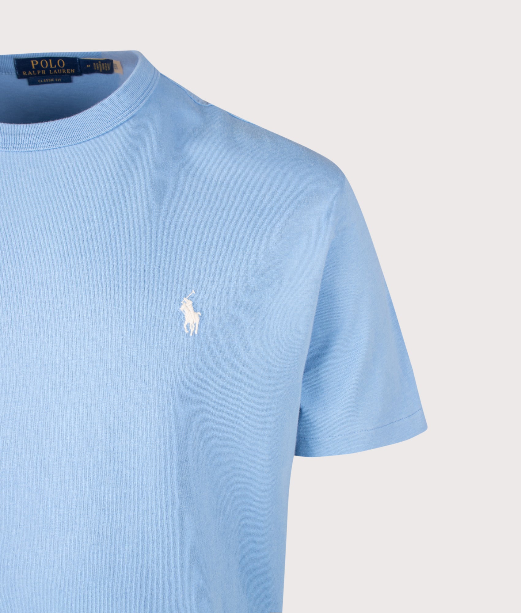 Polo Ralph Lauren Classic Fit Jersey T-Shirt in Bristol Blue at EQVVS Menswear. Detail shot.