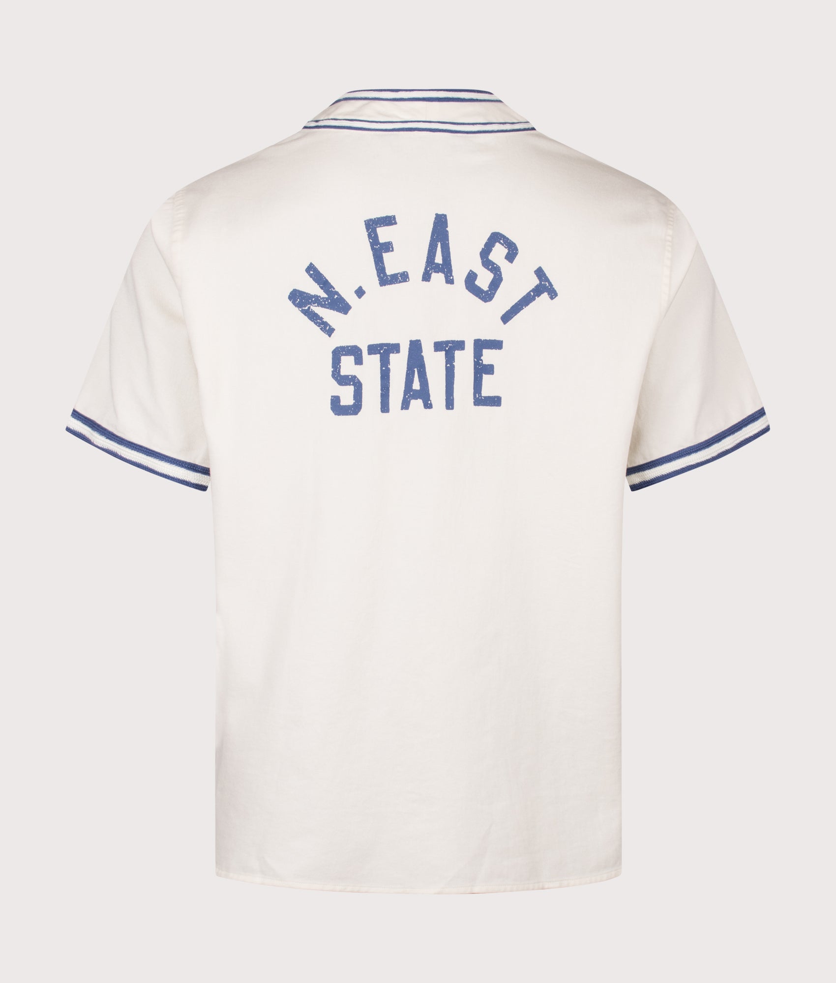 Polo Ralph Lauren Classic Fit Baseball Shirt in Warm White and Blue at EQVVS Menswear. Back shot.