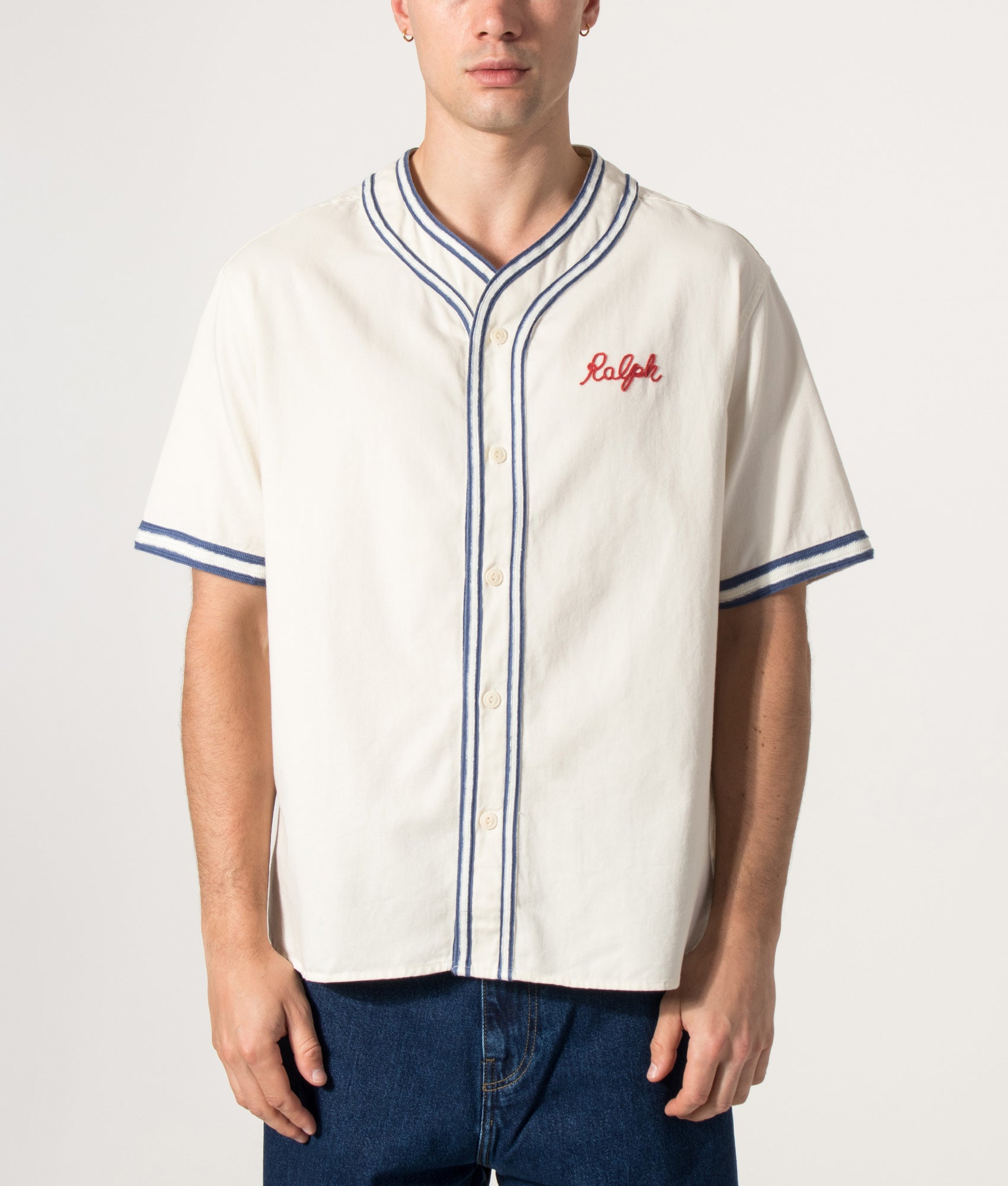 Polo Ralph Lauren Classic Fit Baseball Shirt in Warm White and Blue at EQVVS Menswear. Model front shot.