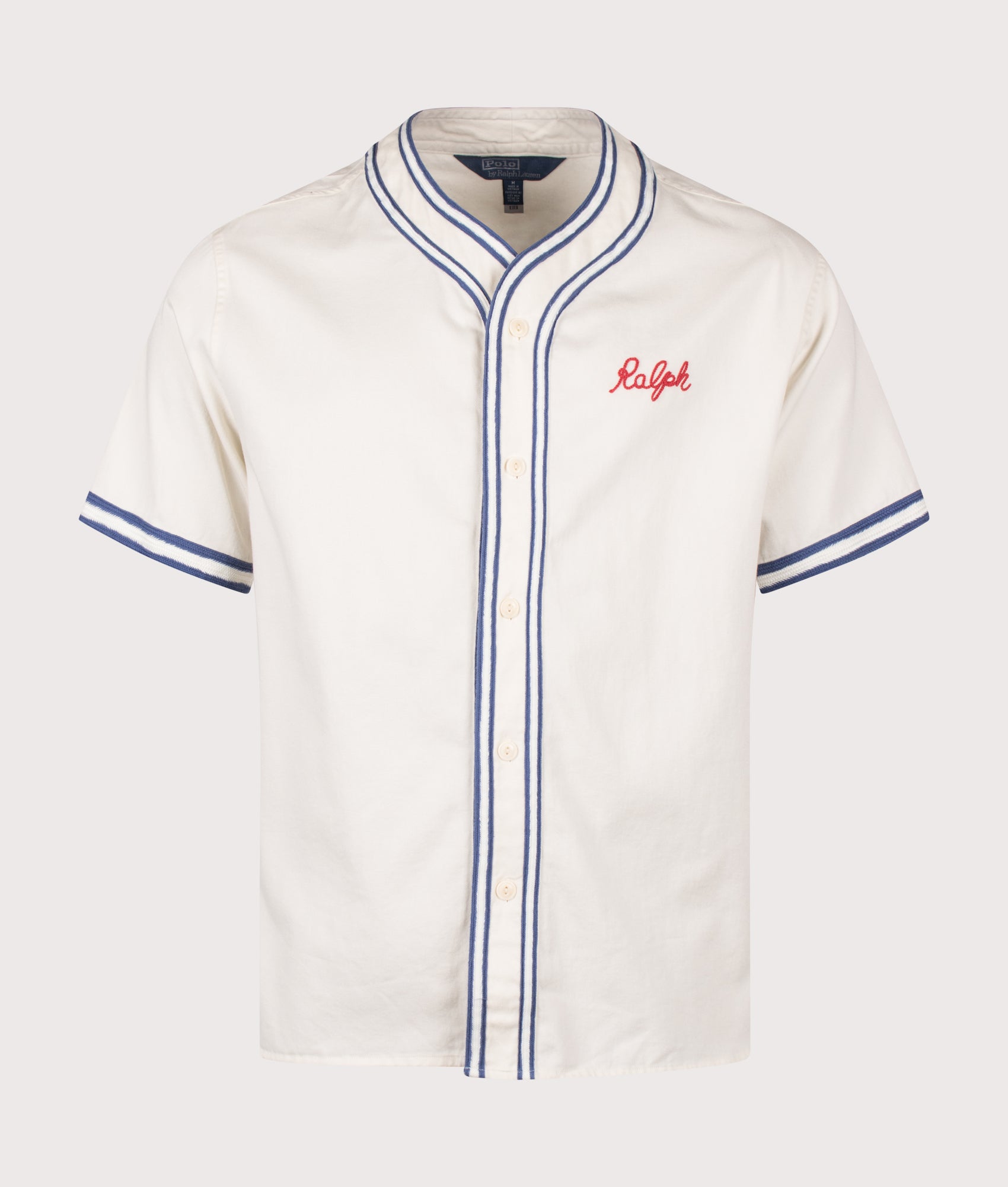 Polo Ralph Lauren Classic Fit Baseball Shirt in Warm White and Blue at EQVVS Menswear. Front shot.