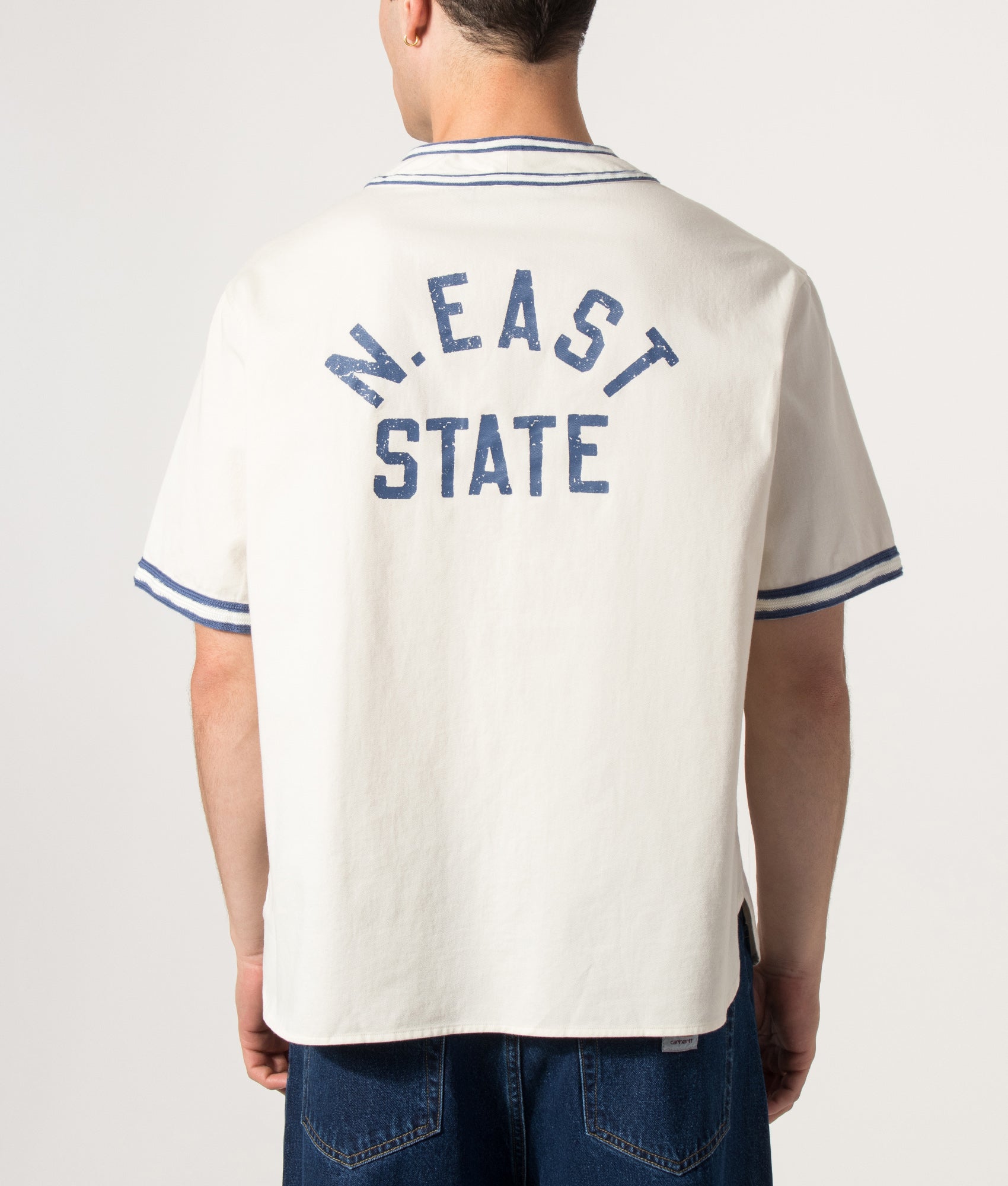 Polo Ralph Lauren Classic Fit Baseball Shirt in Warm White and Blue at EQVVS Menswear. Model back shot.