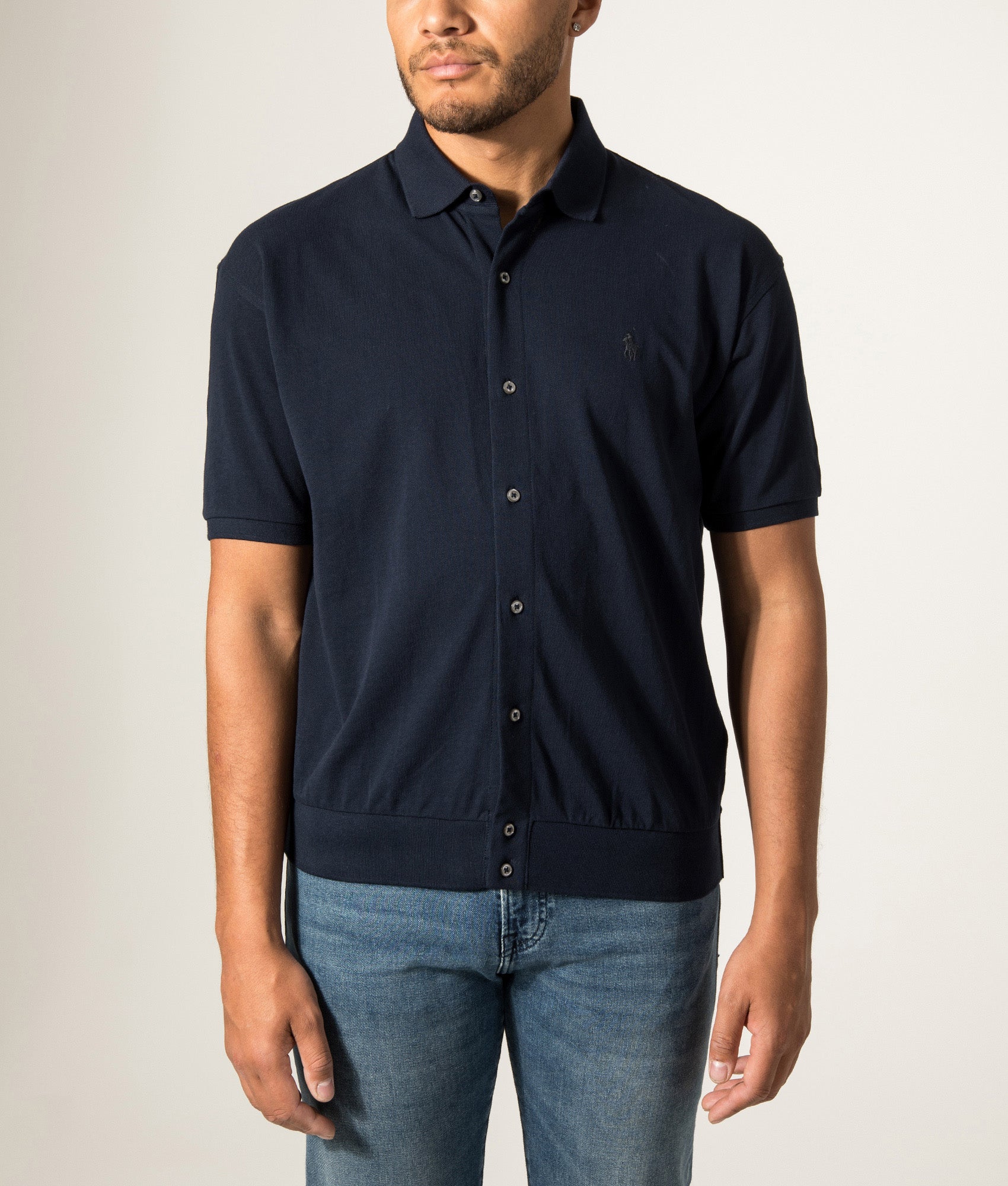 Polo Ralph Lauren Polo shirt Relaxed Fit Cotton Mesh Shirt in Aviator Navy at EQVVS Menswear. Model front shot.