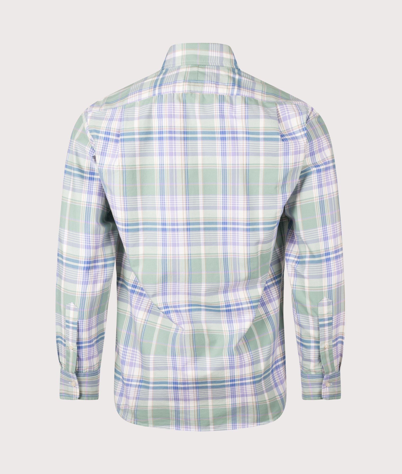 Polo Ralph Lauren Custom Fit Oxford Shirt in Faded Mint and Lavender Multi Plaid at EQVVS Menswear. Back shot.