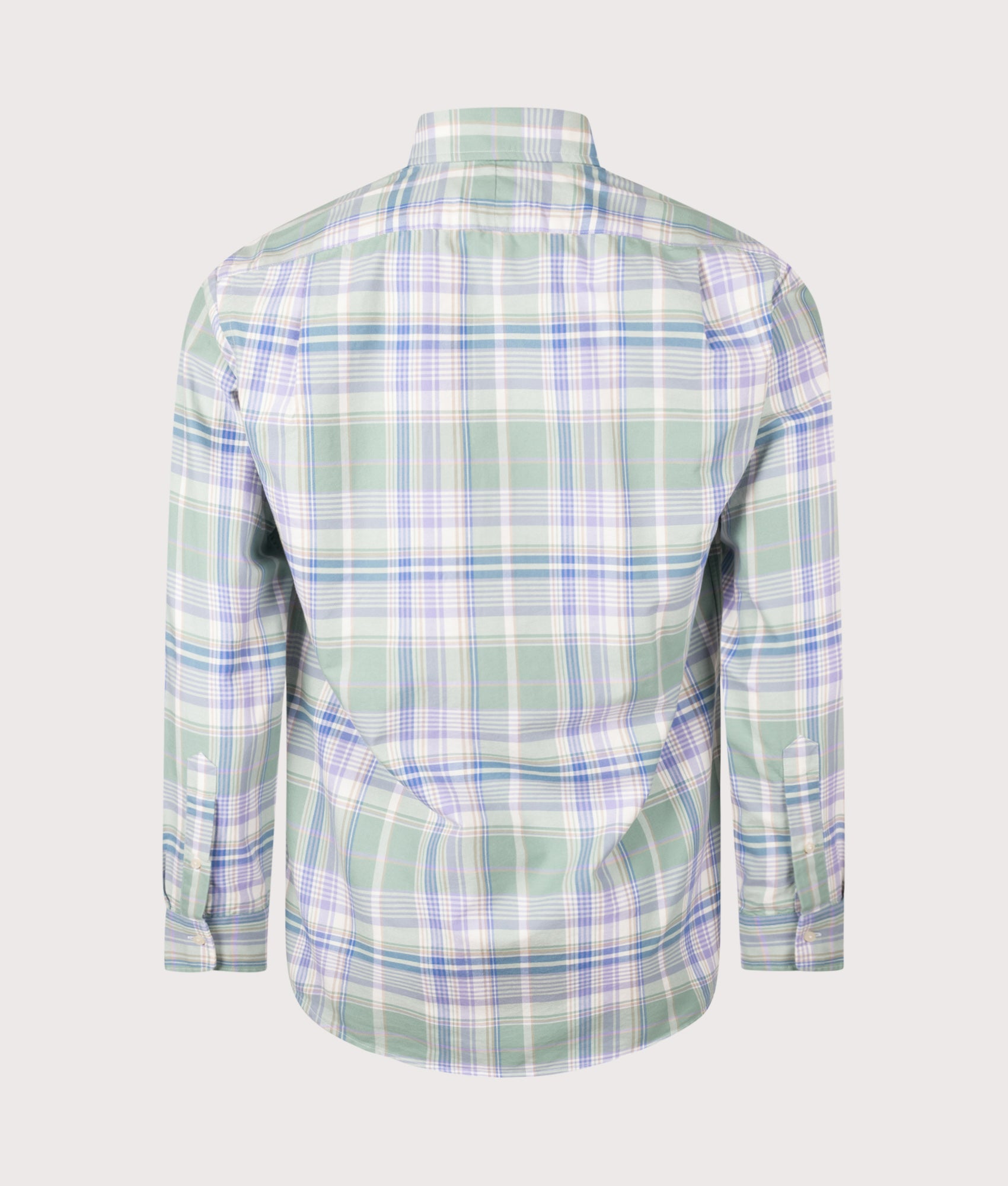 Polo Ralph Lauren Custom Fit Oxford Shirt in Faded Mint and Lavender Multi Plaid at EQVVS Menswear. Back shot.