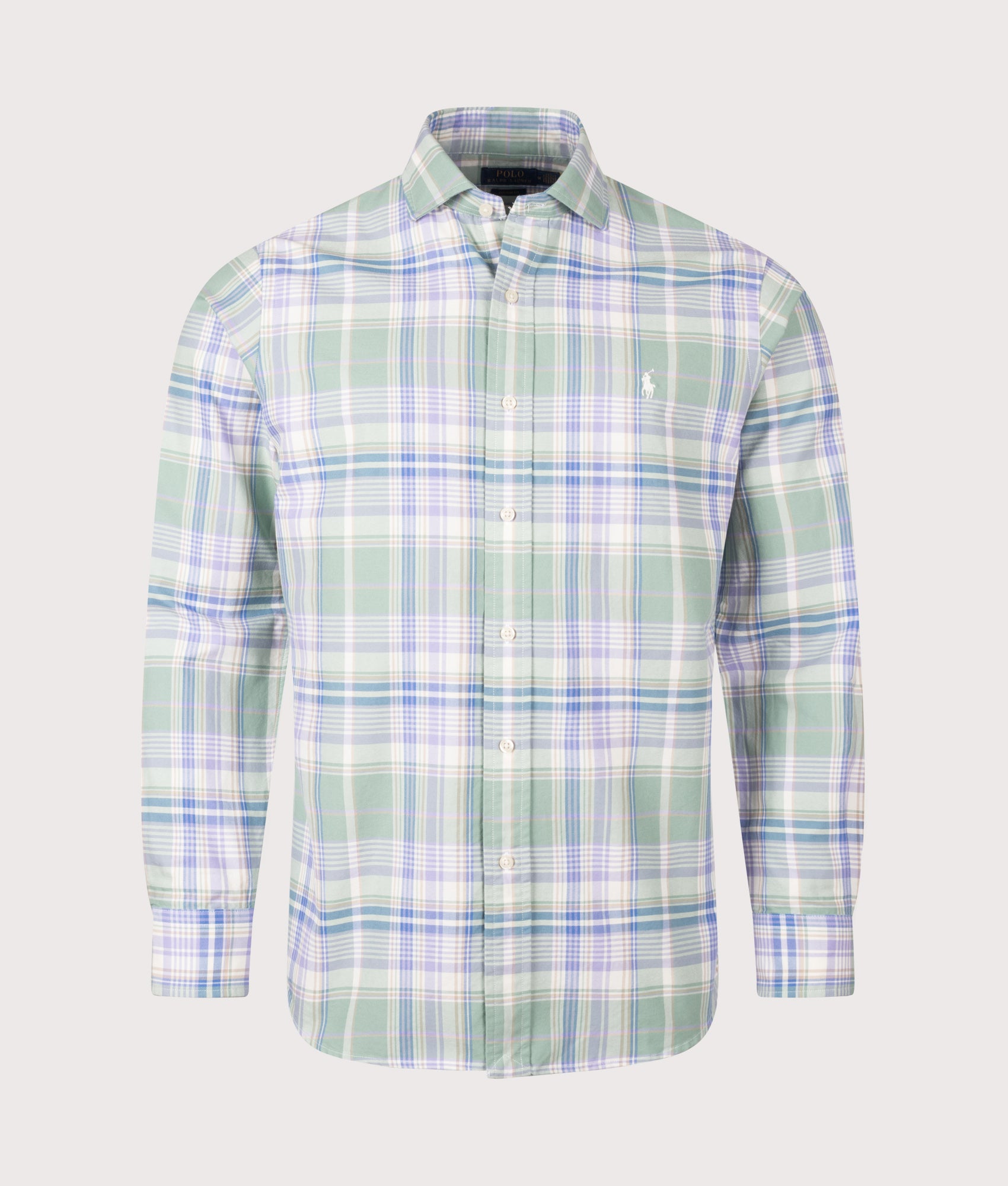 Polo Ralph Lauren Custom Fit Oxford Shirt in Faded Mint and Lavender Multi Plaid at EQVVS Menswear. Front shot.