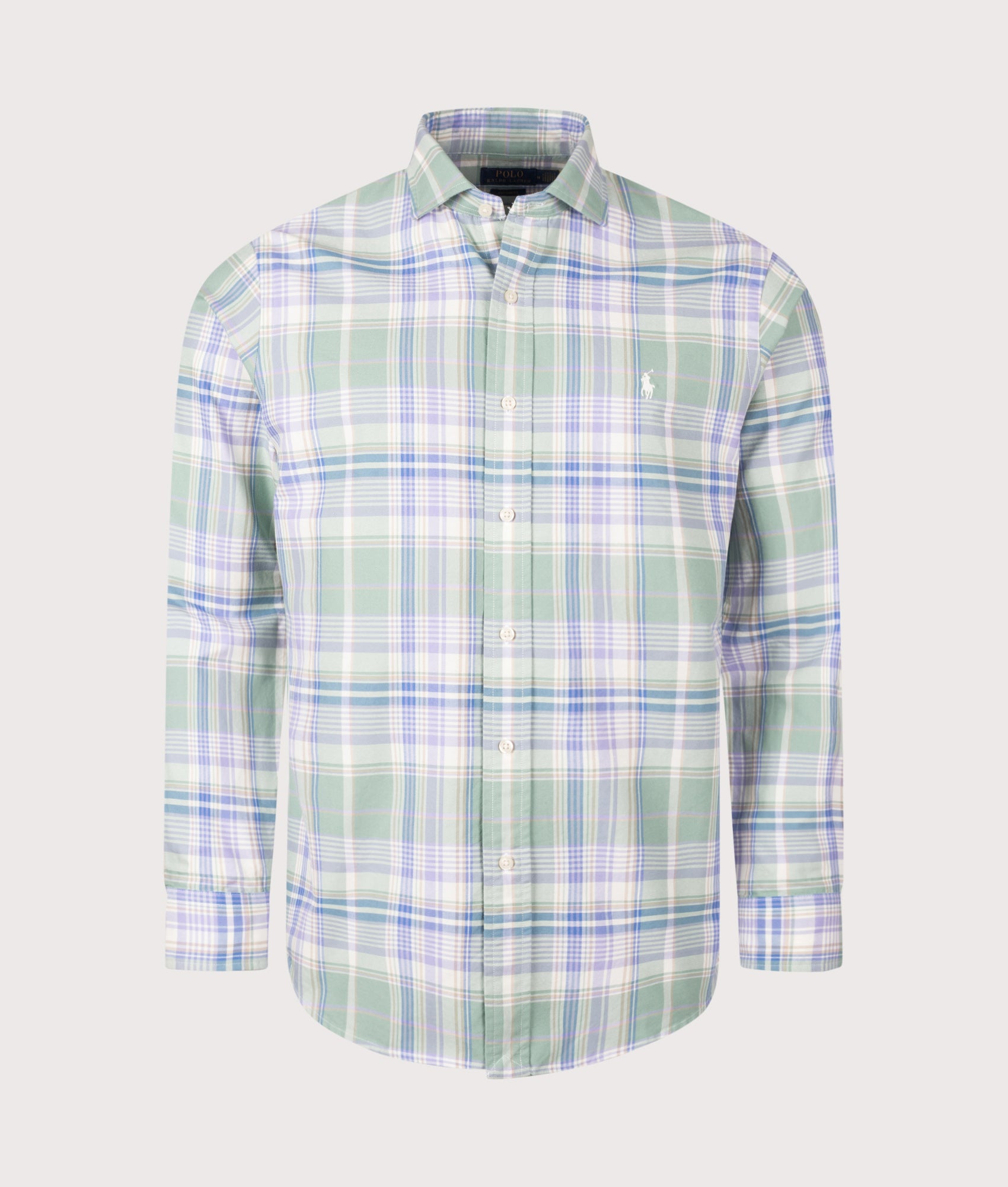 Polo Ralph Lauren Custom Fit Oxford Shirt in Faded Mint and Lavender Multi Plaid at EQVVS Menswear. Front shot.