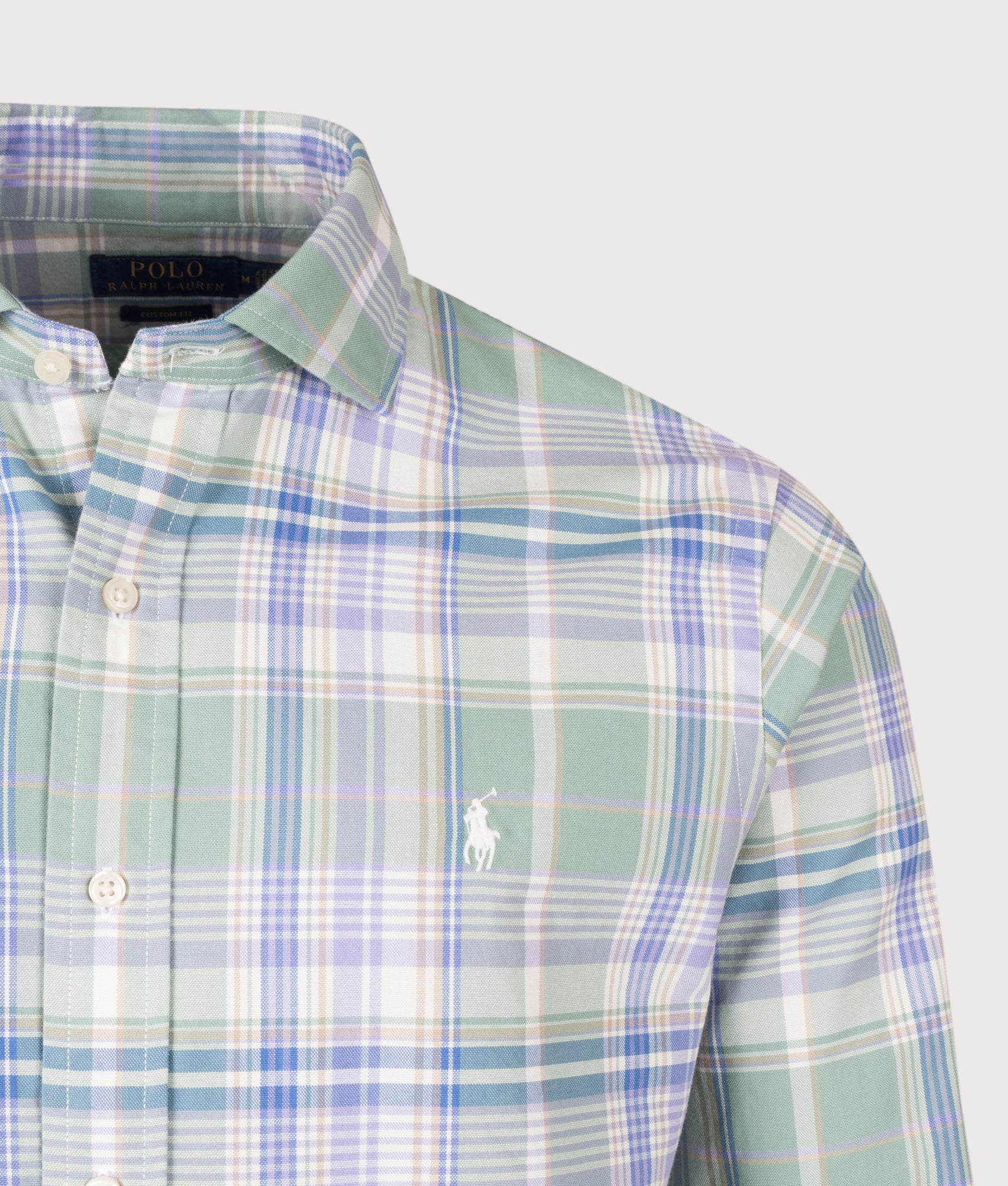 Polo Ralph Lauren Custom Fit Oxford Shirt in Faded Mint and Lavender Multi Plaid at EQVVS Menswear. Detail shot.