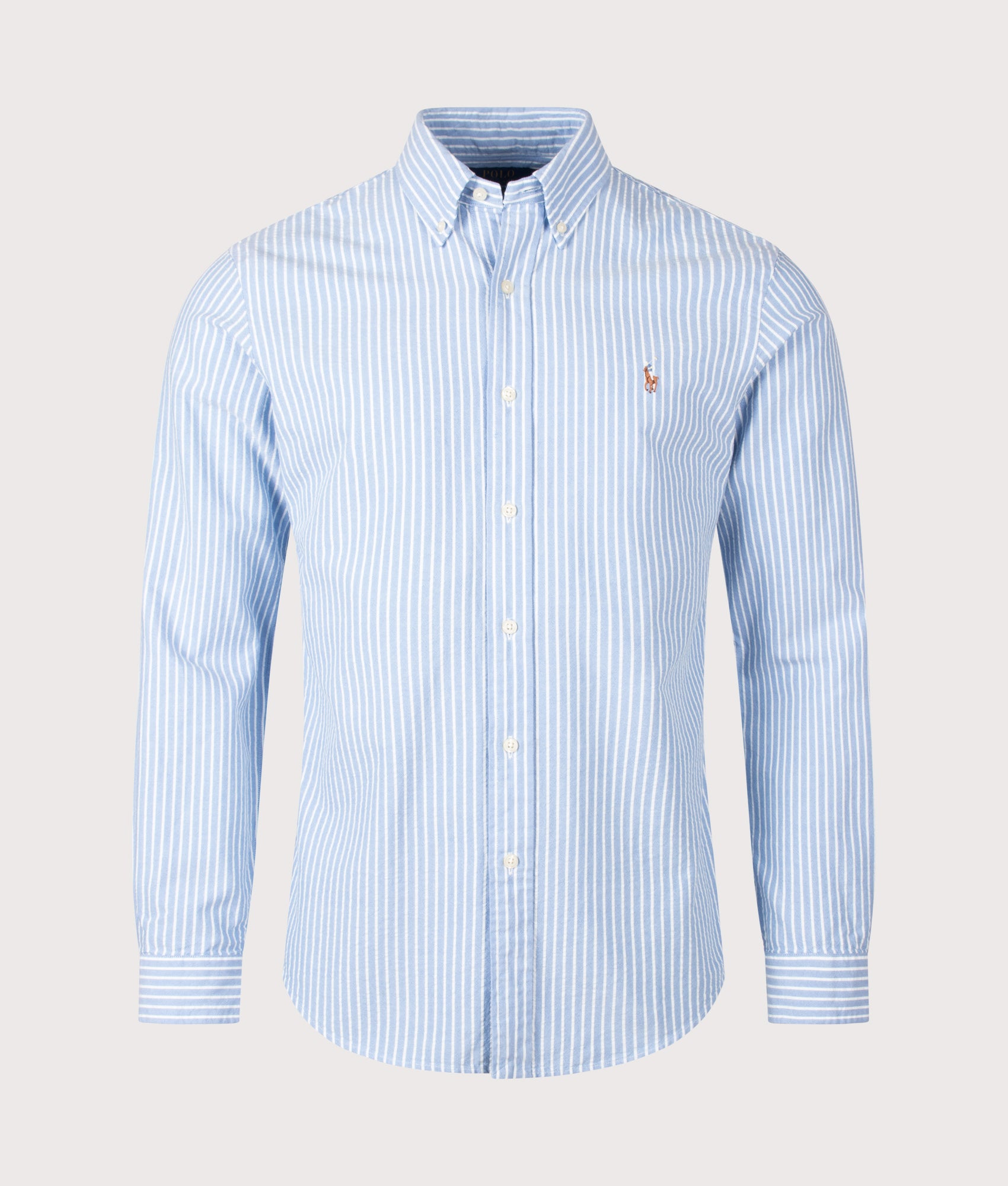 Polo Ralph Lauren Custom Fit Seersucker Oxford Shirt in BSR Blue and White stripe at EQVVS Menswear. Front shot.