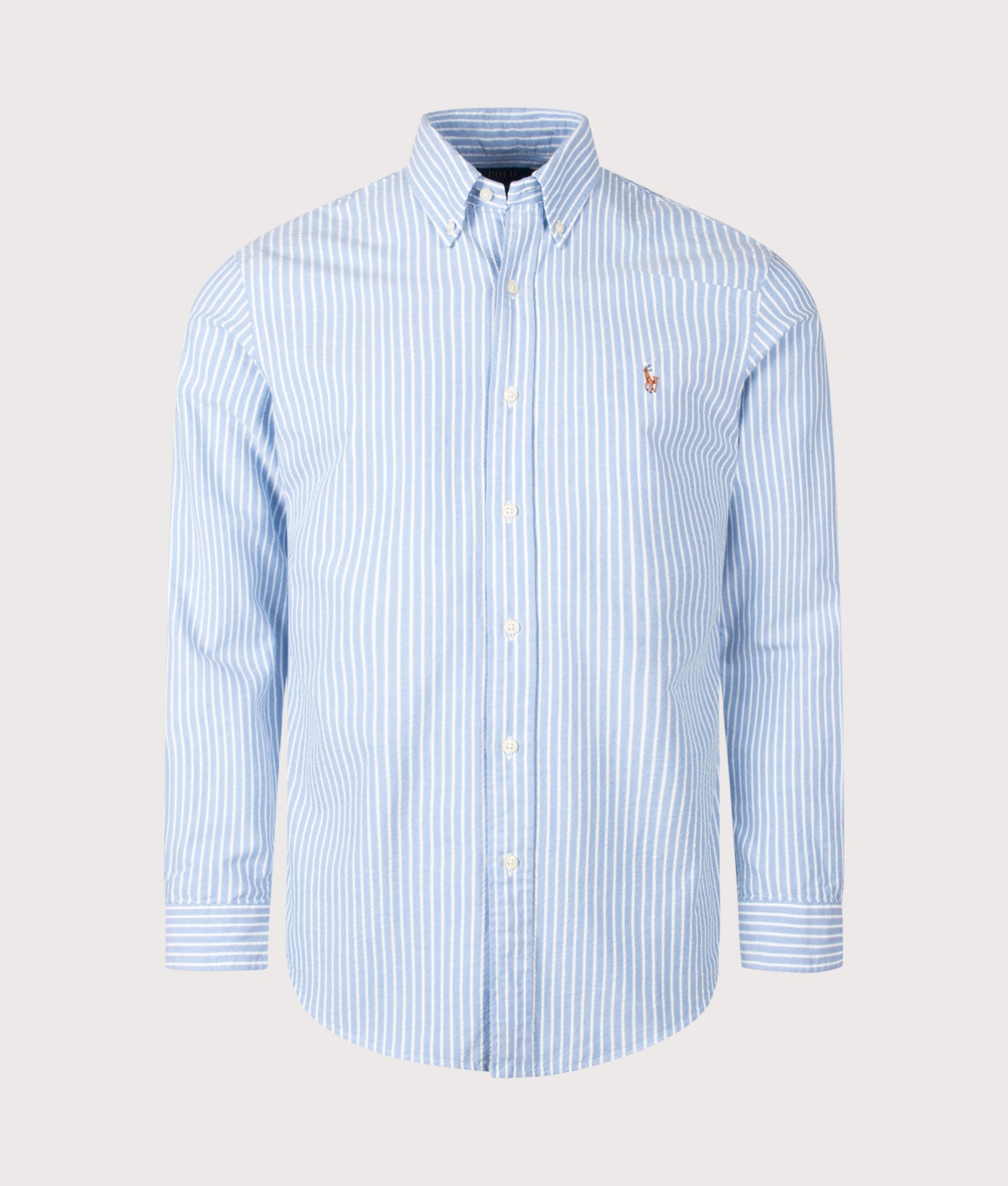 Polo Ralph Lauren Custom Fit Seersucker Oxford Shirt in BSR Blue and White stripe at EQVVS Menswear. Front shot.