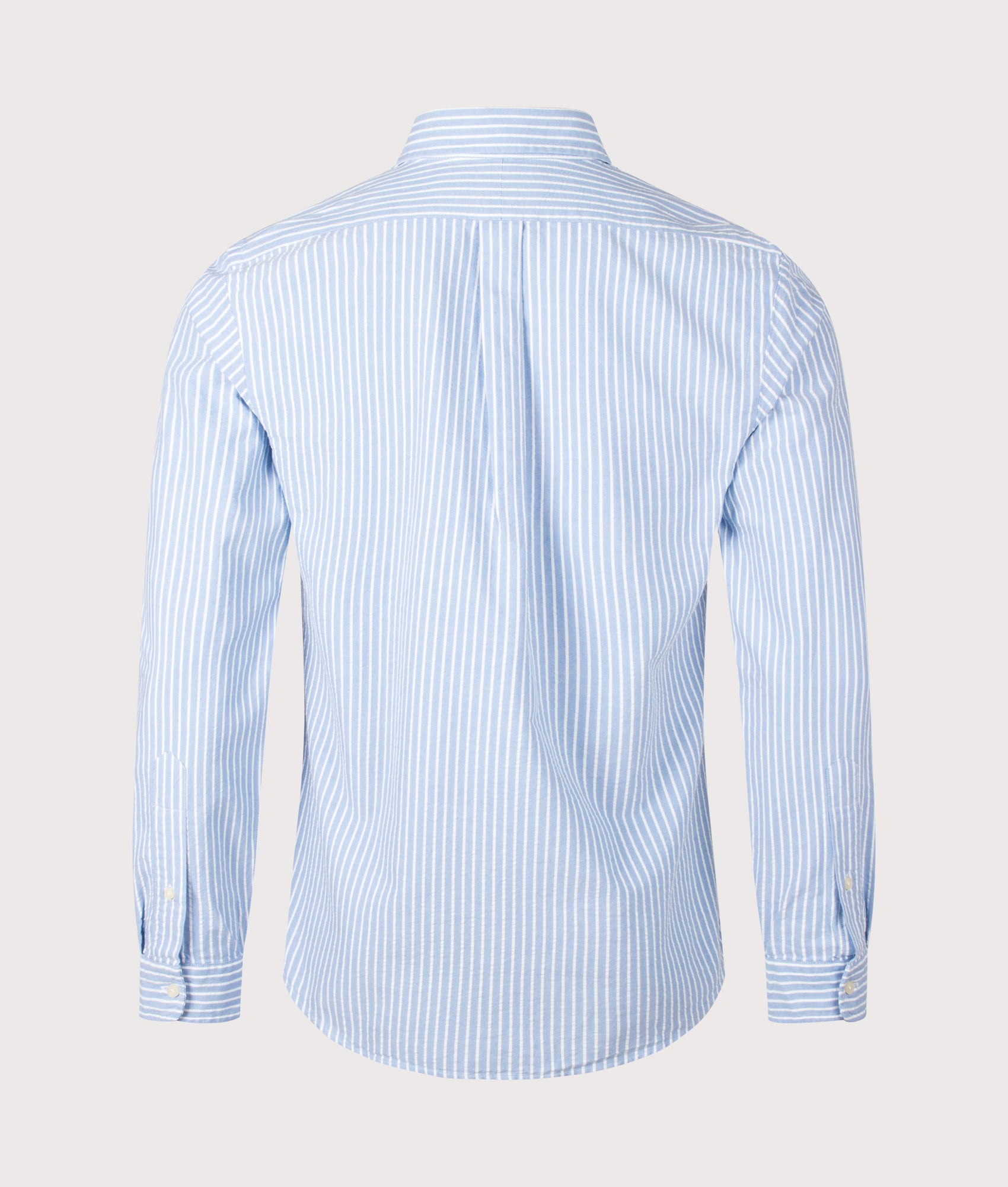 Polo Ralph Lauren Custom Fit Seersucker Oxford Shirt in BSR Blue and White stripe at EQVVS Menswear. Back shot.