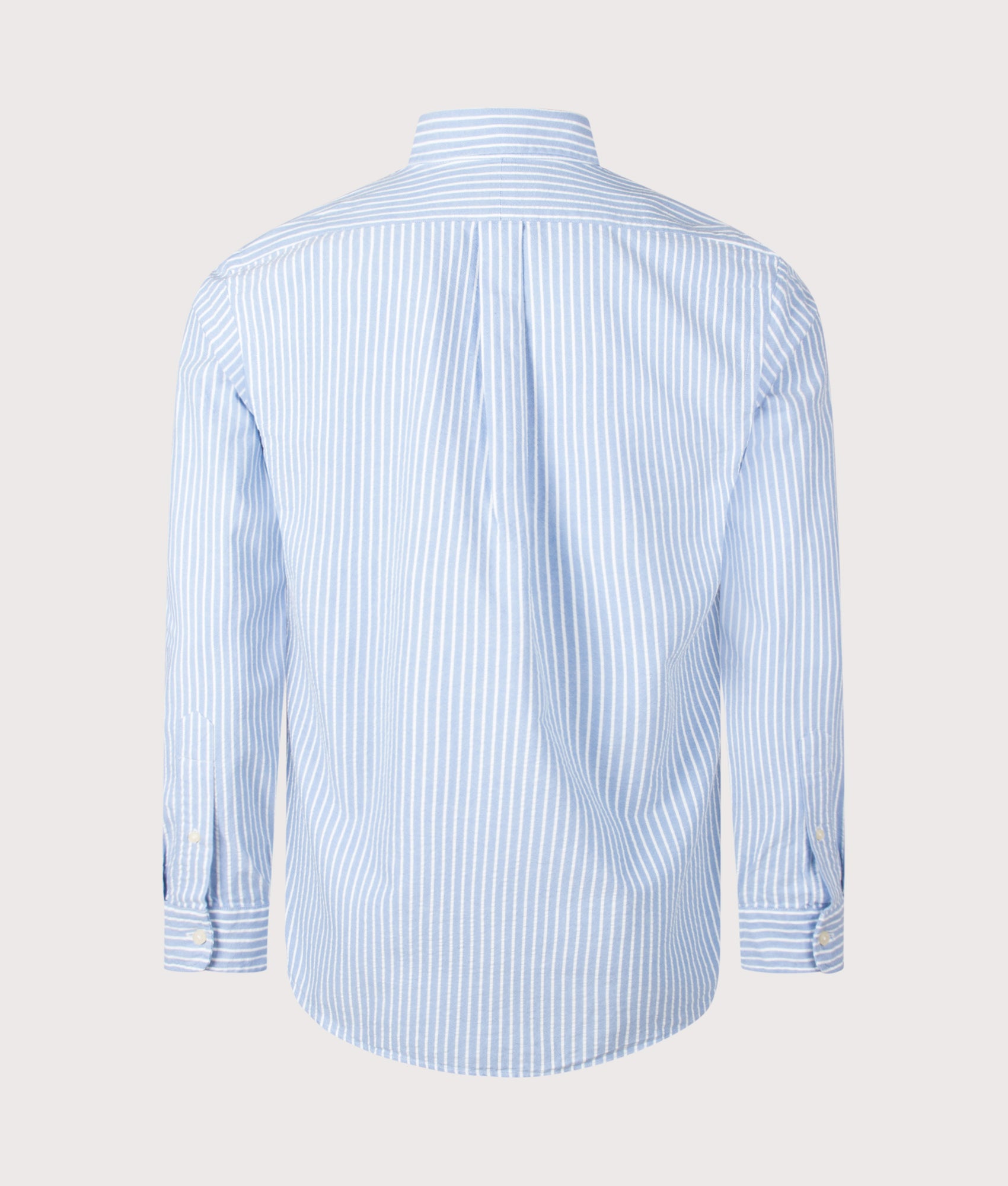 Polo Ralph Lauren Custom Fit Seersucker Oxford Shirt in BSR Blue and White stripe at EQVVS Menswear. Back shot.