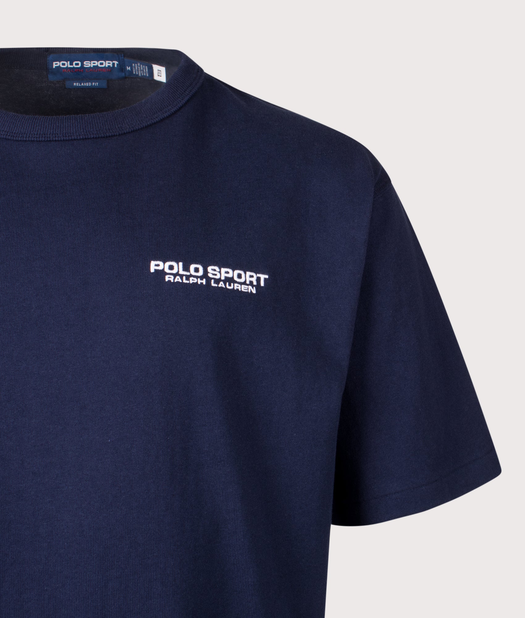 Polo Ralph Lauren Relaxed fit Polo Sport T-Shirt in Cruise Navy at EQVVS Menswear. Detail shot.