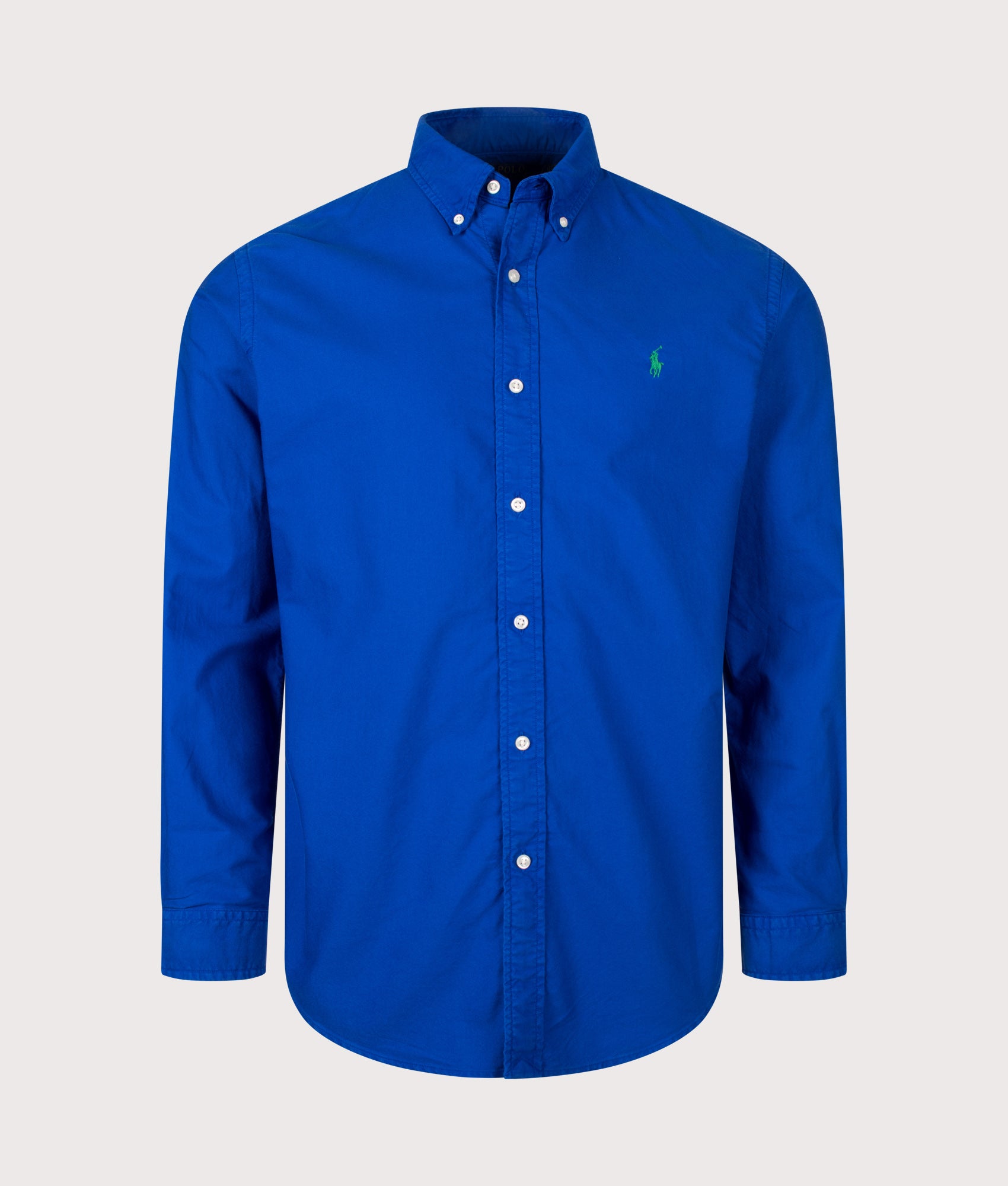 Polo Ralph Lauren Custom Fit Garment-Dyed Oxford Shirt in Pacific Royal at EQVVS Menswear. Front shot.