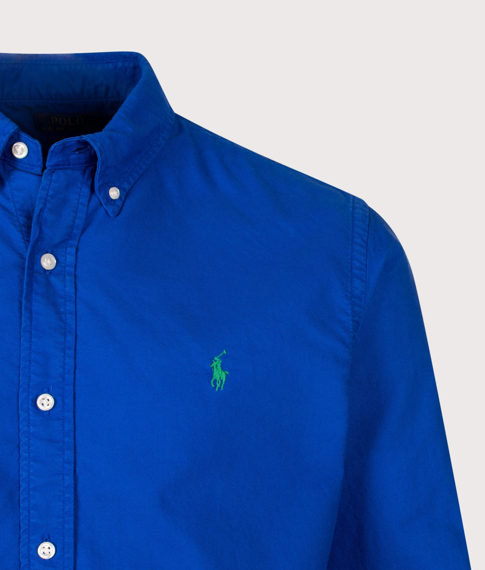 Polo Ralph Lauren Custom Fit Garment-Dyed Oxford Shirt in Pacific Royal at EQVVS Menswear. Detail shot.