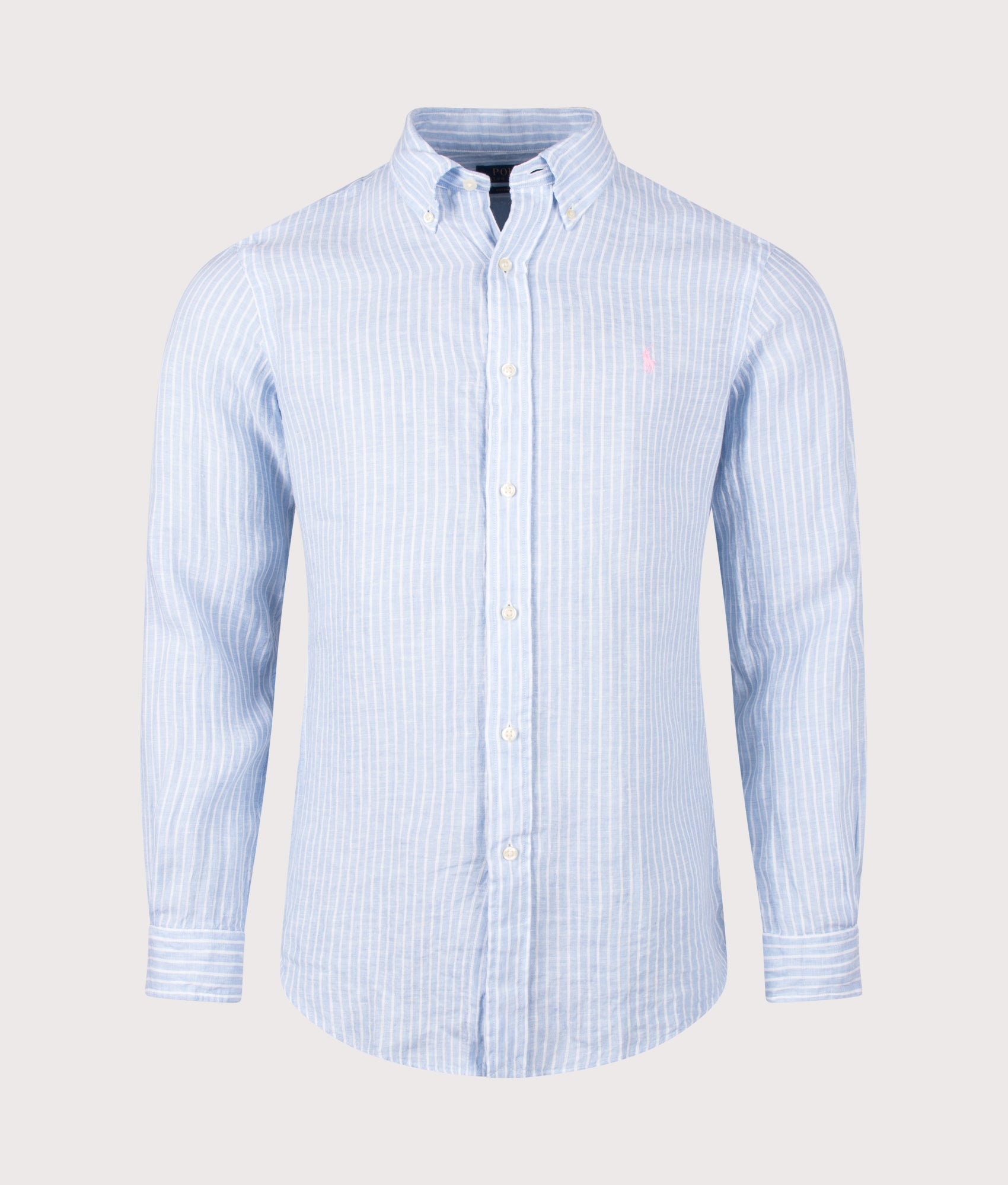 Polo Ralph Lauren Custom Fit Striped Linen Shirt in Blue and White at EQVVS Menswear. Front shot.