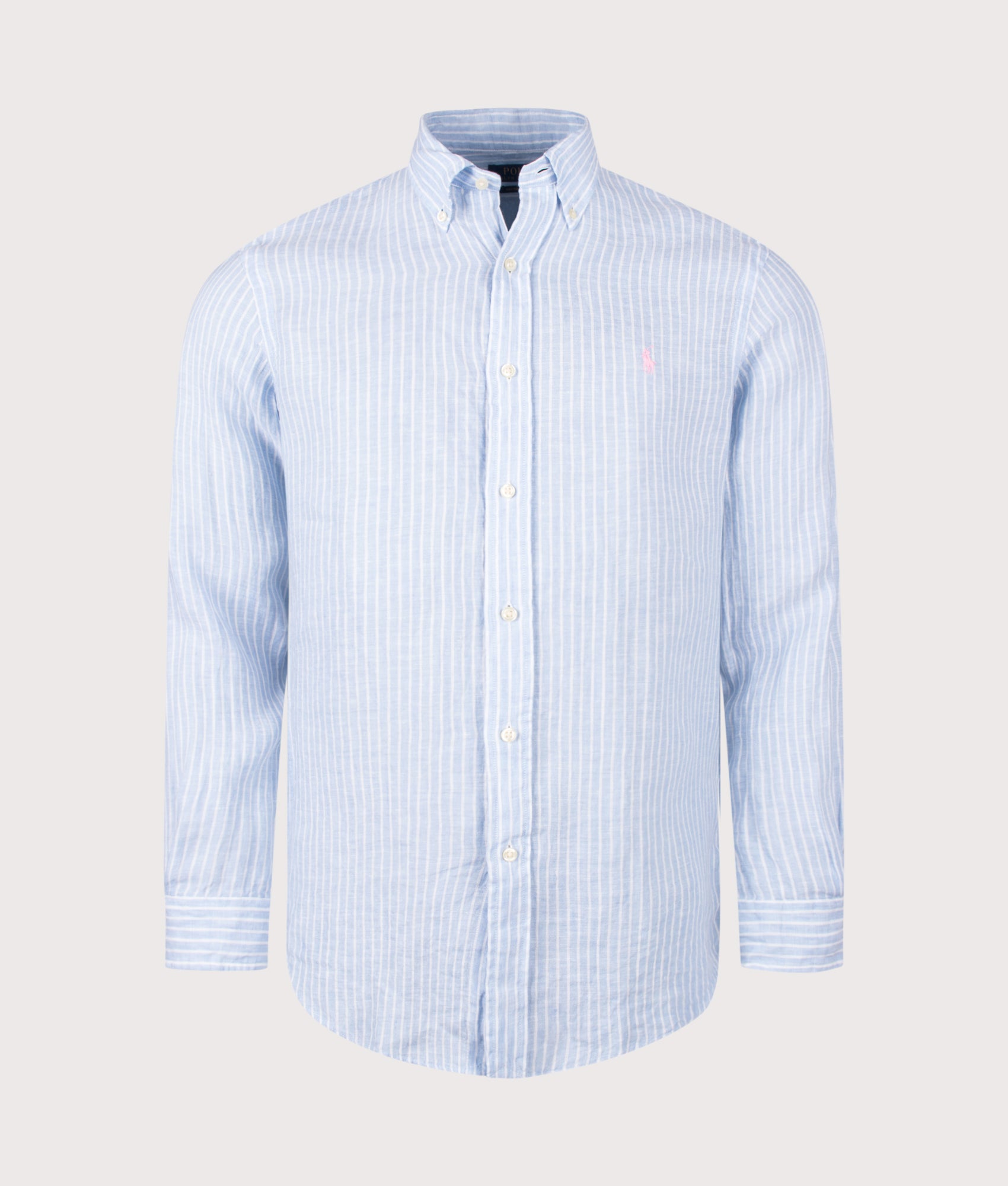 Polo Ralph Lauren Custom Fit Striped Linen Shirt in Blue and White at EQVVS Menswear. Front shot.