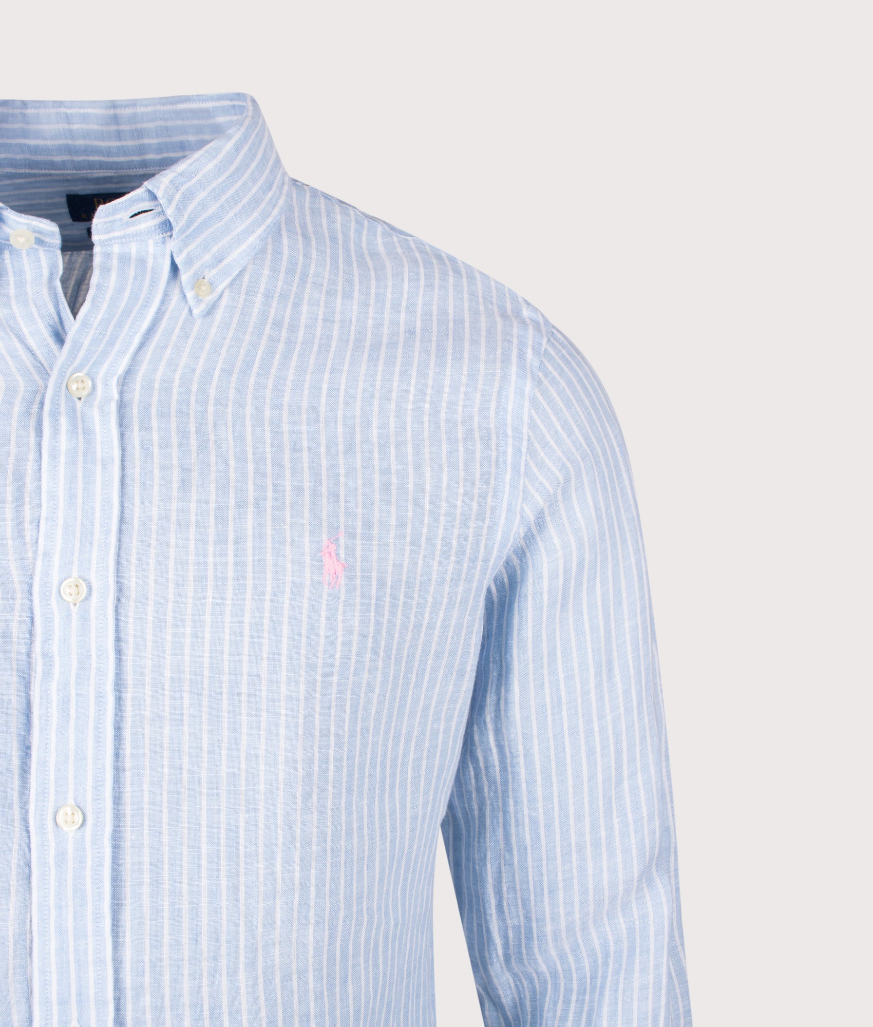 Polo Ralph Lauren Custom Fit Striped Linen Shirt in Blue and White at EQVVS Menswear. Detail shot.