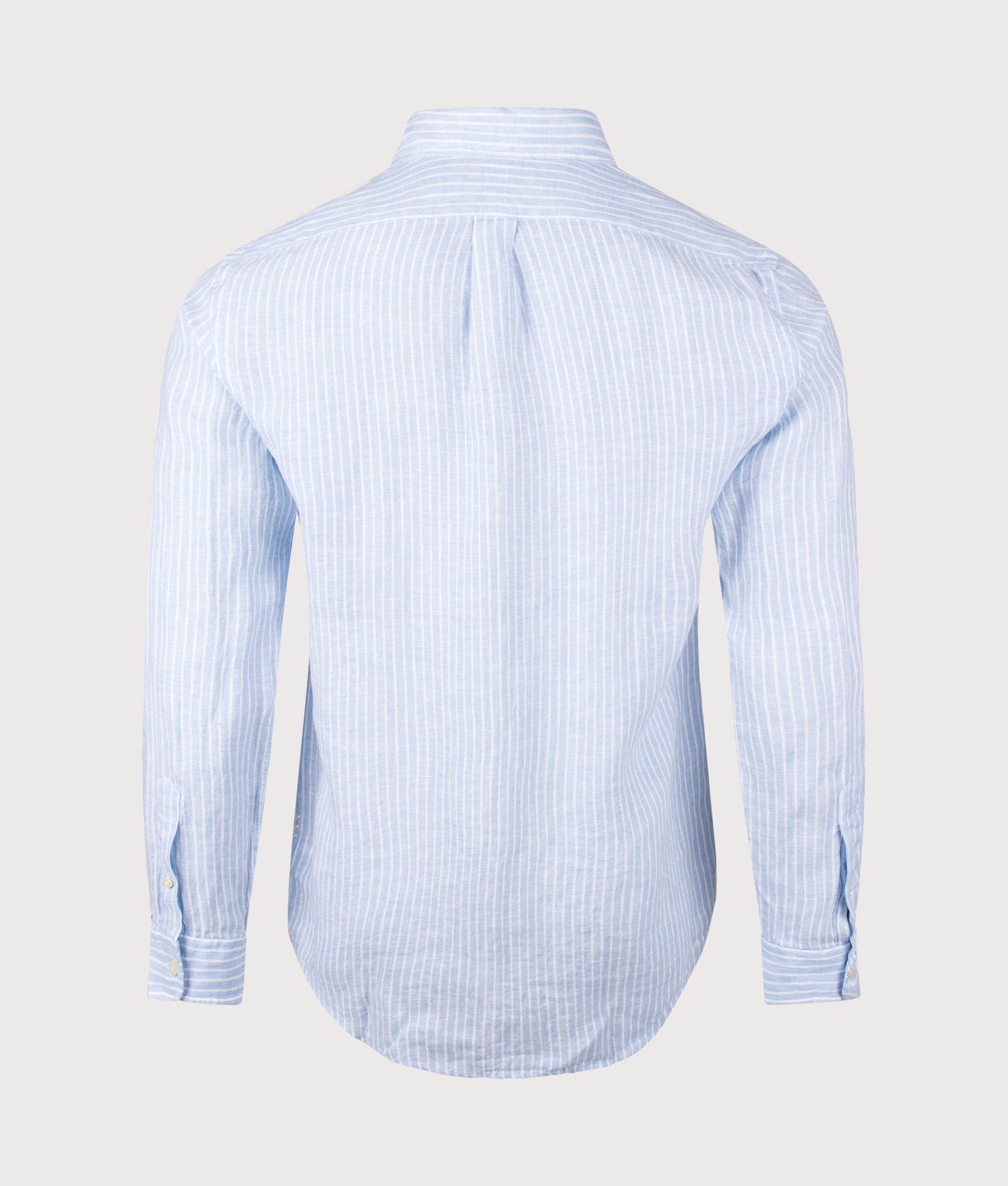 Polo Ralph Lauren Custom Fit Striped Linen Shirt in Blue and White at EQVVS Menswear. Back shot.
