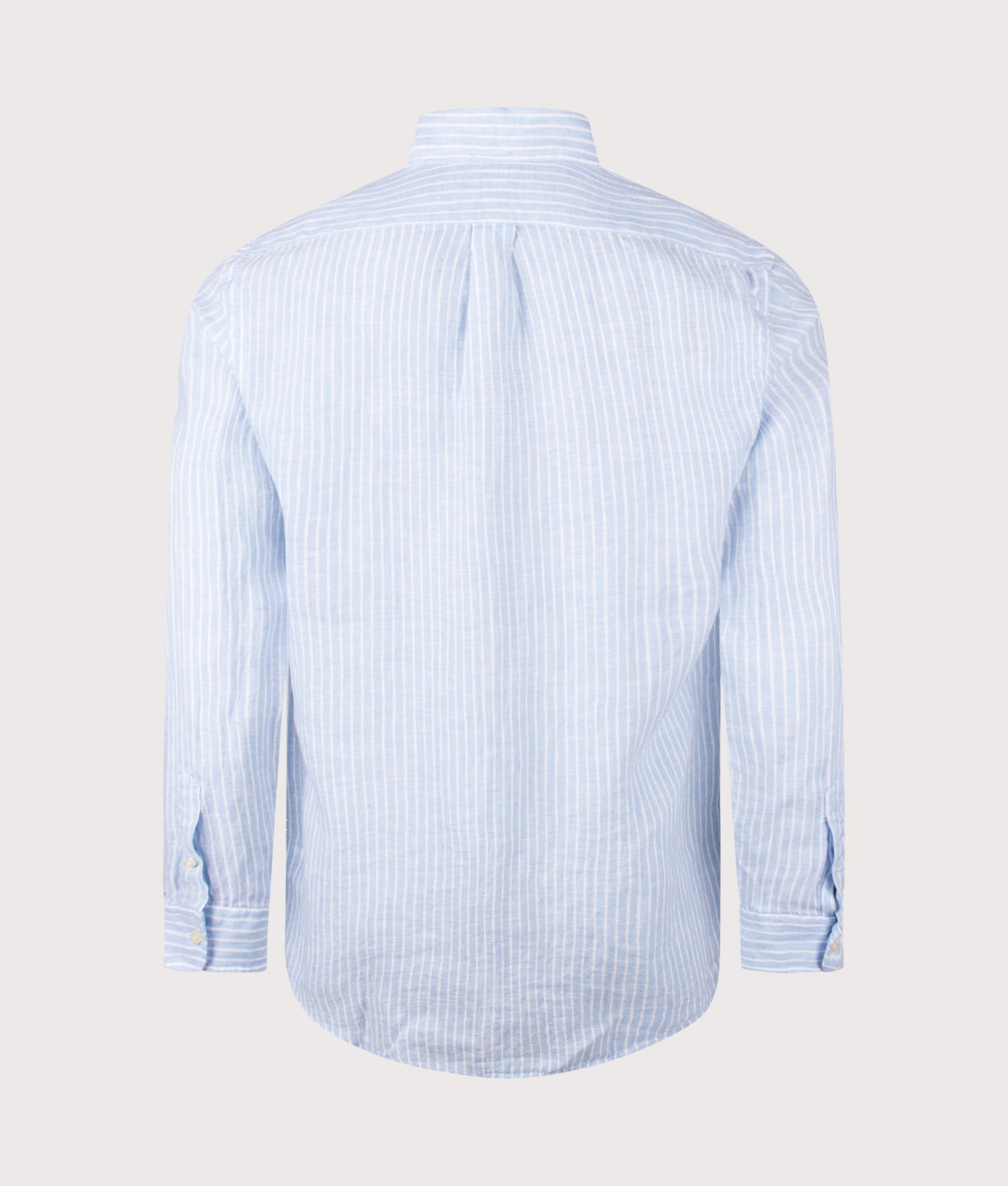 Polo Ralph Lauren Custom Fit Striped Linen Shirt in Blue and White at EQVVS Menswear. Back shot.