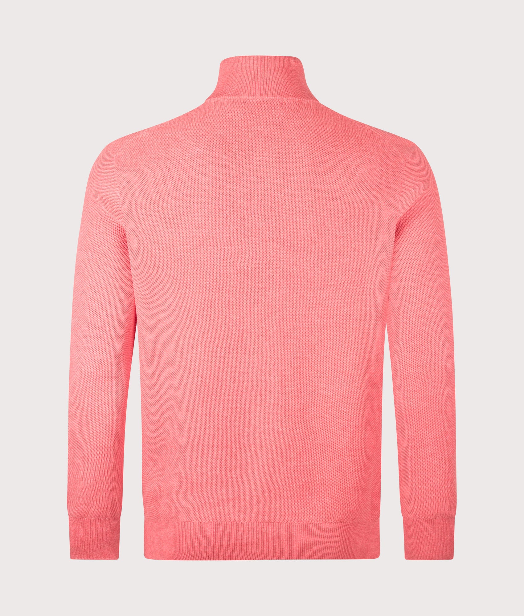 Polo Ralph Lauren Mesh Knit Cotton Quarter Zip Jumper in Cherry Pink Heather at EQVVS Menswear. Back shot.