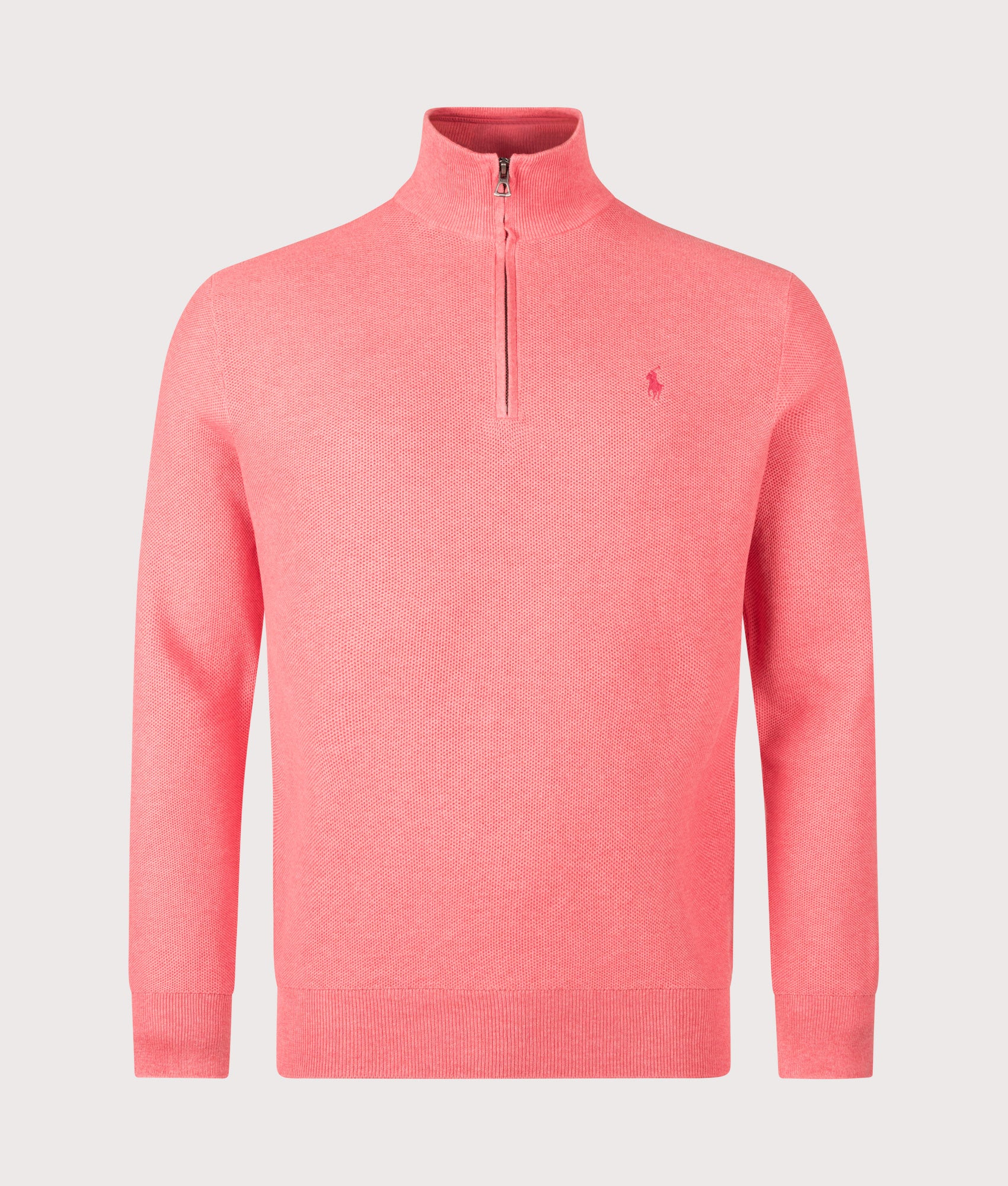 Polo Ralph Lauren Mesh Knit Cotton Quarter Zip Jumper in Cherry Pink Heather at EQVVS Menswear. Front shot.